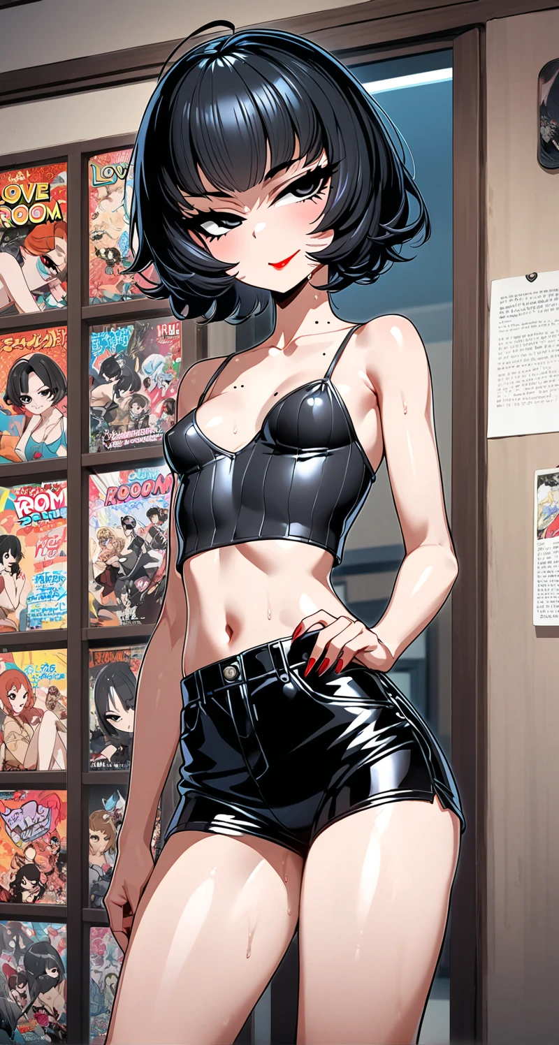 2heads, a very short skinny woman with 2 heads. Dancing in a dark dark strip club, on a stage in a strip club, dancing near stripper pole. Wearing thick glasses, wearing tiny bikini top, wearing jean shorts, tiny nipples. Young, e-girl, girlfriend. Messy short black hair. Thin face. Smiling. Blushing. Tiny breasts. Seductive. Thick eyeliner. Eyeshadow. Smug expression. Extremely tall. Small breasts. Gently touching breasts. Flat chest, small breasts. Freckles, many freckles. Seductive pose. Slutty. Grabbing breasts, firmly squeezing breasts.