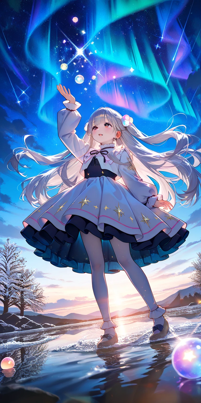 solo, 1girl\(cute,kawaii,chibi,student, young, silver hair,floating hair, cosmic eye, pale skin, looking up,(close-up girl),cute pose\). BREAK .(crystal clear bubbles\(shining prism,in the sky\), beautiful universe, (photo-realistic huge beautiful colorful aurora:1.2),high color saturation, ground\(made of water, reflecting aurora\), many colorful (realistic crystal flowers:1.2) blooming everywhere, (shiny wind flow), stars sparkle, from below,dynamic angle. (fish-eye lens:1.2). BREAK .quality\(,masterpiece, high score, great score, very aesthetic, high resolution, ultra-detailed, absurdres, newest, scenery, depth of field, fairytale, dreamlike\)