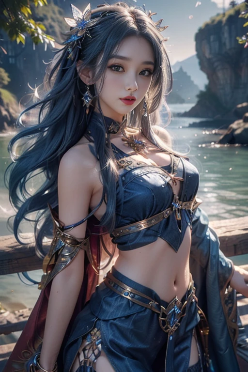 8K, ultra hd, masterpiece, hd colors, 1 girl, perfect face, very long curly hair, detailed eyes, Metallic clothing, ((indigo clothing:1.5)), stocking, ((criss-cross lace)), long sardine, straps, Pendant, net clothing, loops, hip cape, wings, bare waist, jwellery, ornaments, waterside, Realistic scenery, epic scenery, moon shining, evening, clouds, Butterfly, cherry blossom, flowing wind, front body pose,