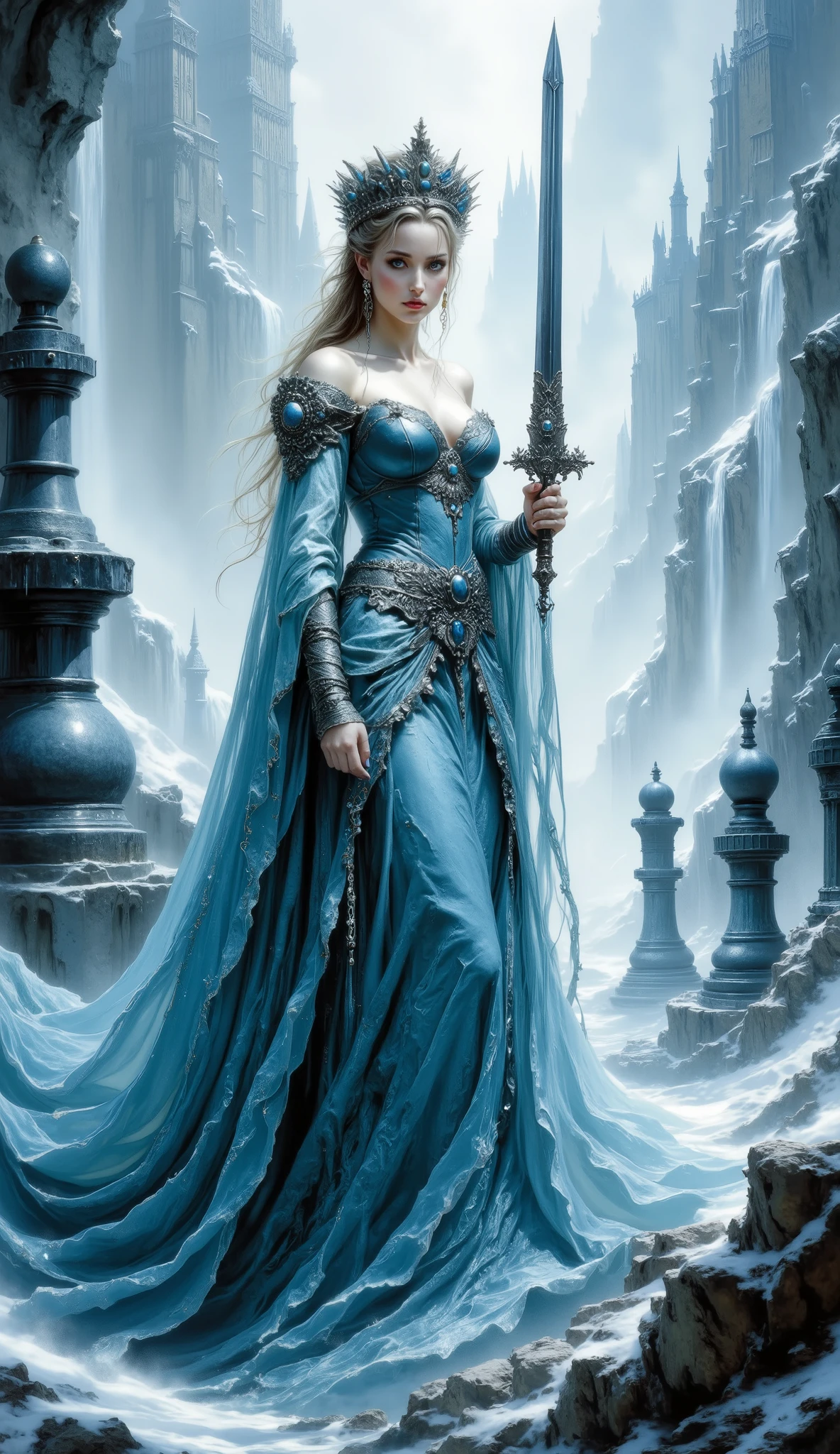 (best quality, 128k,highres,masterpiece:1.2),ultra-detailed,(realistic,photorealistic,photo-realistic:1.37), ((masterpiece)) ((photography)) ((Highest quality)) A royal queen, crowned and dressed in a flowing glacier-blue gown, stands defiantly with a raised sword in the air. Her expression is stoic, her gaze intense. Behind her, a sprawling city of gothic spires and frozen waterfalls extends into a misty, gray distance. Large, dark chess pieces surround her, suggesting a game of power and fate. The scene is rendered in hyper-realistic style, with a cold, desaturated color palette and dramatic lighting highlighting the queen’s silhouette. Ultra-HD 8k resolution, 50mm lens, soft bokeh, high contrast.