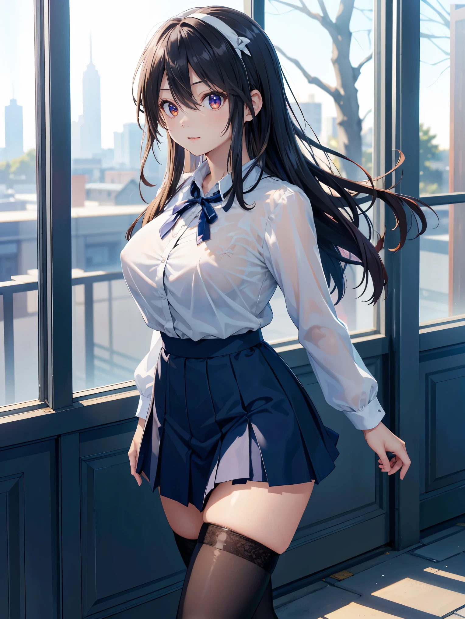masterpiece, High resolution ,,Embarrassed face,I was so panicked.,Blushing,Obscene pose,sexy glamorous body,,Futuristic midnight downtown cityscape(((Pixel Perfect, Perfect in every detail))), alone, One girl, Chizuru Ichinose, big , (White collared shirt :1.3), View your viewers, Upper Body: 1.0, Are standing、whole body