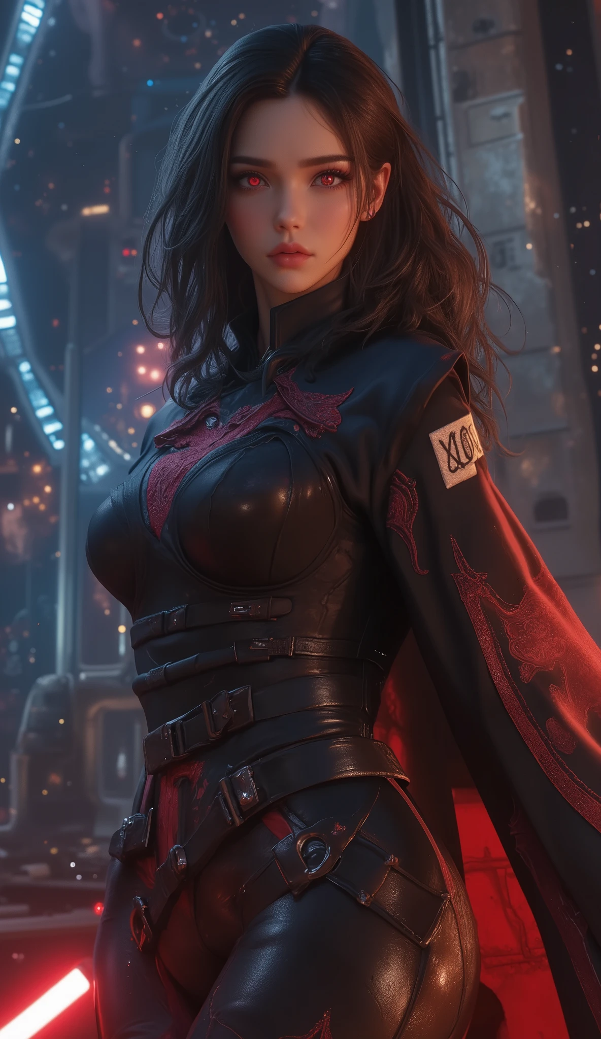 Realistic beauty girl (red lips), in combat plugsuit with high scarf & black cape, cinematic pose, sharp focus, masterpiece, ultra quality, detailed flying sword colorful crystal