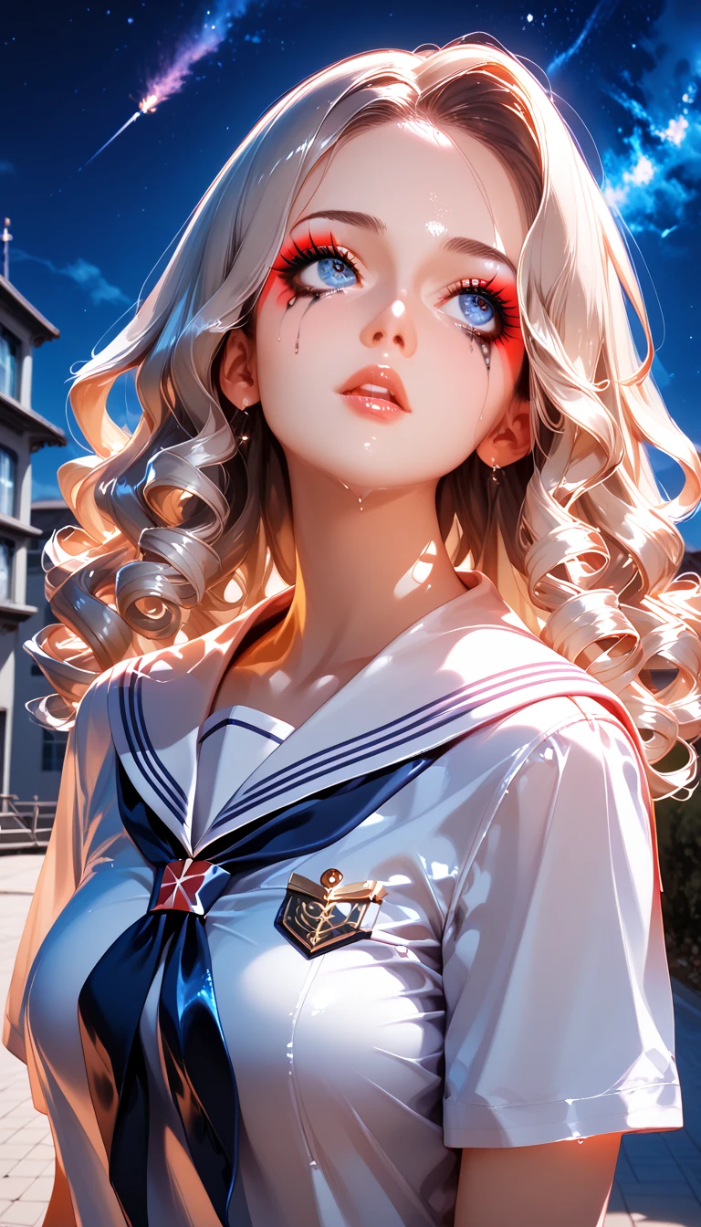 masterpiece、ful:1.3,realisitic、Ultra Micro Photography、top-quality、Wallpapers with extreme details CG Unity 8K、frombelow、intricate detailes、(1 rapariga)、Flowing in the wind,dynamicposes,dynamic ungle,((White sailor、Red big bow tie))、(Outline of the iris, Details of face:1.5、Bright blue eyes、Beautiful expression、beautidful eyes、shinny eyes、thin lipss:1.5、thin and sharp pale eyebrows,、long dark eyelashes、Double eyelashes、Thin, thin and muscular,,,a small face、perfectly proportions、big breasts thin waist、Visible Pore、Young Face、Sad look,seducting smile、perfect hand:1.5,highly dramatic picture、Strong natural light、sunlights、exquisite lighting and shadow、((kosmos:1.3,Saturn:1.5、Saturn ring:1.5、The sanctity of destruction and birth,cosmic background、rays of moonlight、Dynamic backgrounds、细致背景)),(a sailor suit)、(skirt rift:1.8)、(masterpiece、top-quality、hyper pretty face、write、zettai ryouiki、thighs thighs thighs thighs、see the beholder:1.4)、Super beautiful girl、gardeniass、8K、EF 50mm、Official art、Raw photo、absurderes、frombelow、is standing、(sad、angry:0.5)、 slender、Small waist、Thin arms、breasts of medium size,、face lights、Soft lighting、Warm colors、film grains、chromatic abberation、foco nítido、naturey、Frankness、extremely detailed eye and face、(、bokeh dof、blured background、White lace panties:1.2)(8K、RAW Photos、top-quality、masterpiece:1.2)、(realisitic、Photorealsitic:1.37)、1Beautiful Japan High School Girl、perfect bodies、20yr old、Medium Boob、(Light shines on the face and chest)、(((((underboob)))))、Lower breast、Oily skin、skinny、 (Sexy uniform with a slight view of the underside of the chest)、(Visible lower milk、Uniform with navel and ribs visible)、Super Ultra Mini Skirt with visible hipbones and lower abdomen , (Nebula background), (Full body shot), 1girl in, Solo, (European youth:1), Red sailor collar, Dark blue pleated skirt, ((Golden white hair、Straight hair,poneyTail)), (Purple eyes:1), ((White lace underwear is visible)),Beautiful face, Highly detailed face, Highly detailed eyes, highly detailedskin, Skin pores, Subsurface scattering, Realistic pupils, Full face blush, Full lips, Detailed background, depth of fields, Volumetric lighting, Sharp Focus,