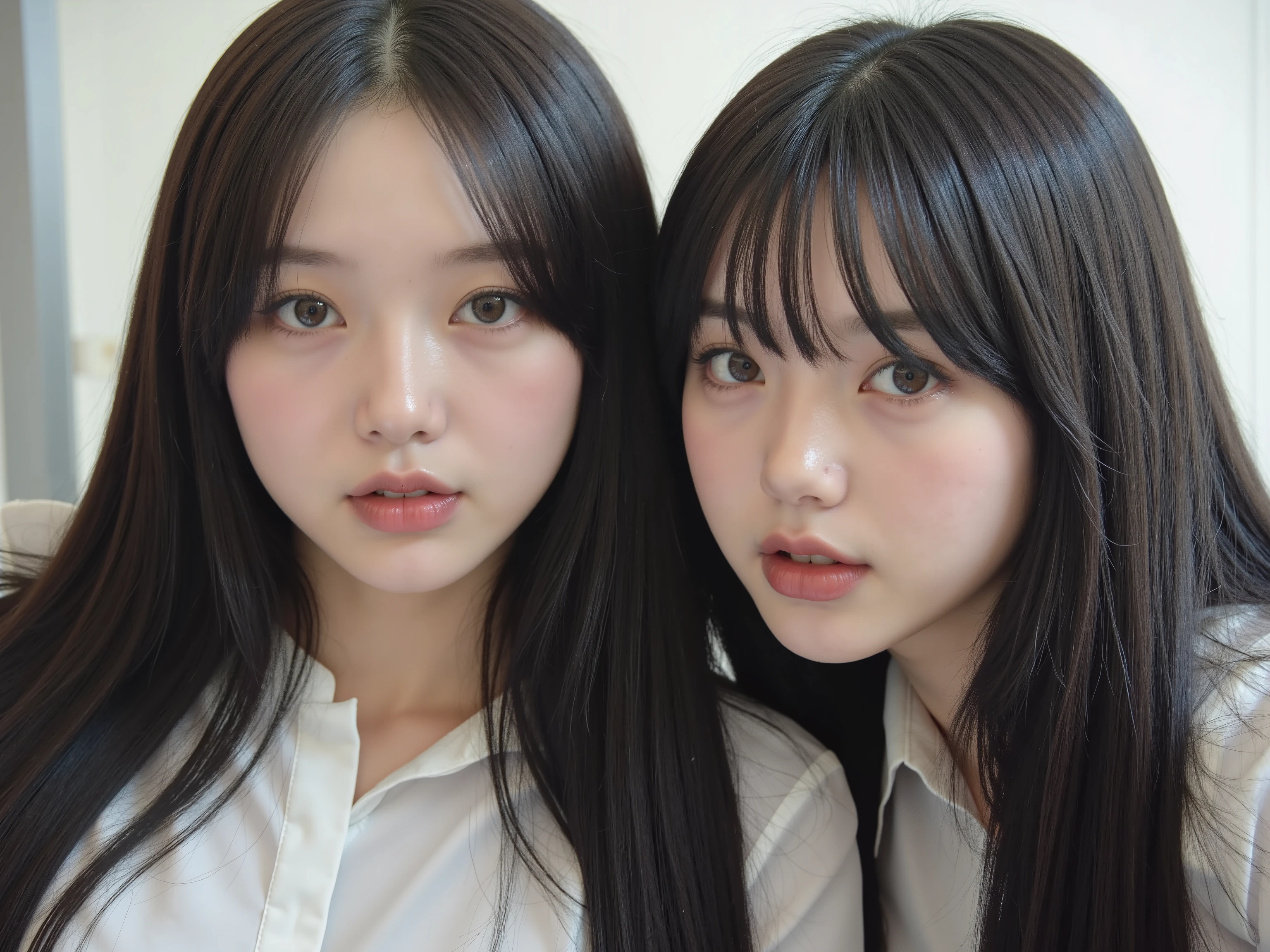 that, 8 girls, 8 friends, 8 boys , Selfie, smiles, Students, uniforme schoolr, classroom, school, high school, smile bonito, Teeth, smiling com os olhos, Korean, Idol , slanted eyes, big eyes, fringe separated on the right side , youthful appearance , light black hair , details eyes, Students , Iris , smiling, smile, rounded face, youthful appearance, vintage aesthetic ,cute face, full lips, long hair, volumoSo hair, luz media , ambient light, Reflections in the Environment, focused environment, looking for, Objects with text: "nokes369 " Photo taken by a 2012 Samsung Pocket cell phone, old cell filter