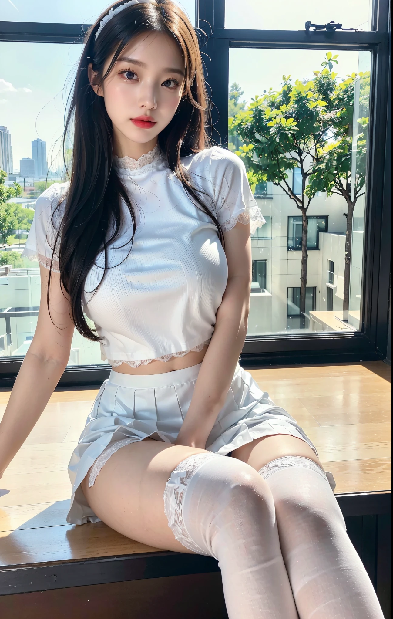 Korean woman, Kwon Eunbi, very long hair, black hair, flat bangs hair, sexy woman, K-pop idol, smiling, single woman, large breasts, white tight strapless tube top, white short legging pants, white heels, sexy pose