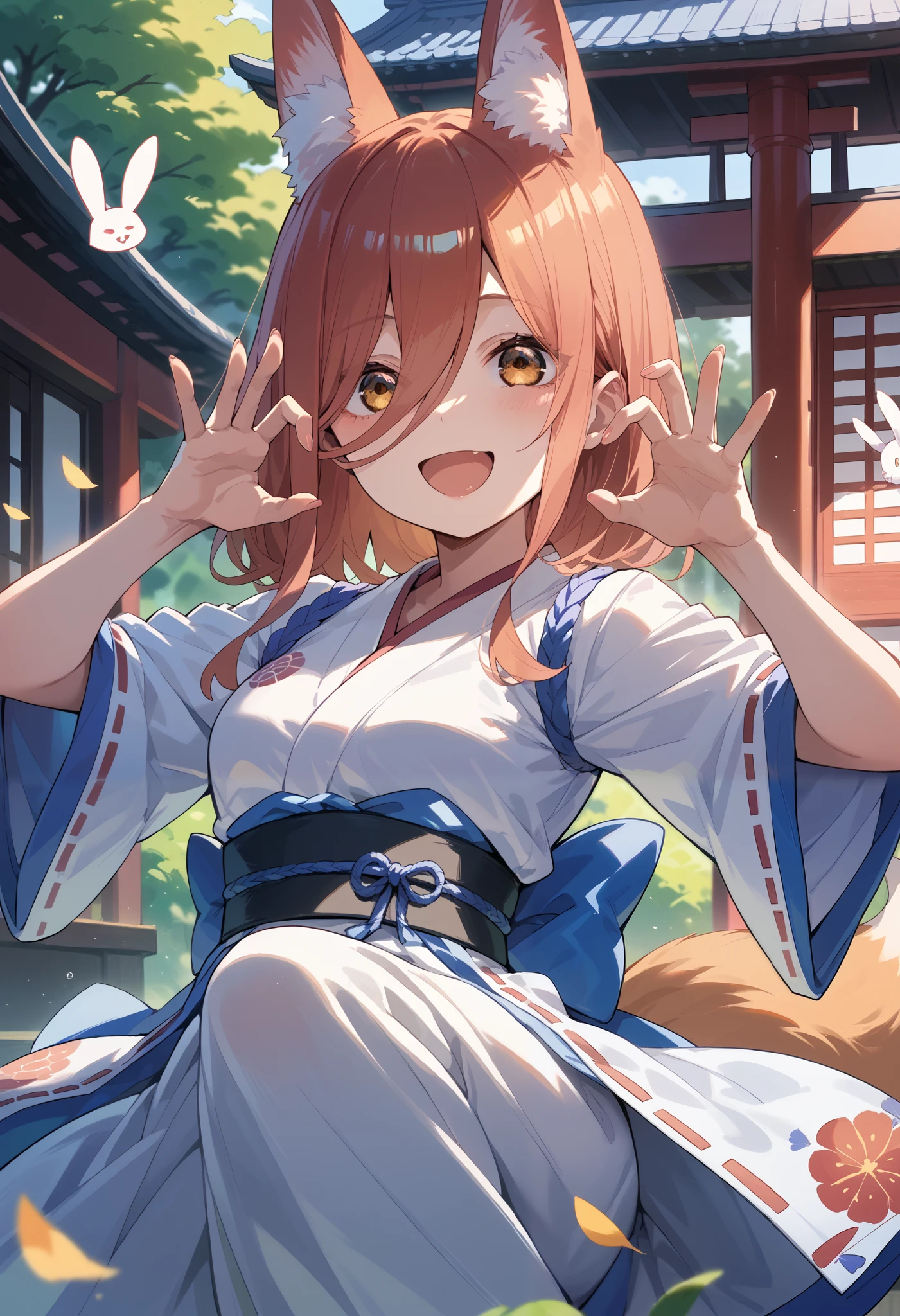  in the seat,Fox,Nakano Miku,Golden Eyes,Red and white shrine maiden outfit, shoulder out, fox ears,smile, open your mouth, fox tail ,god々Successfully, cute, Brainy Pose, rabbit pose 