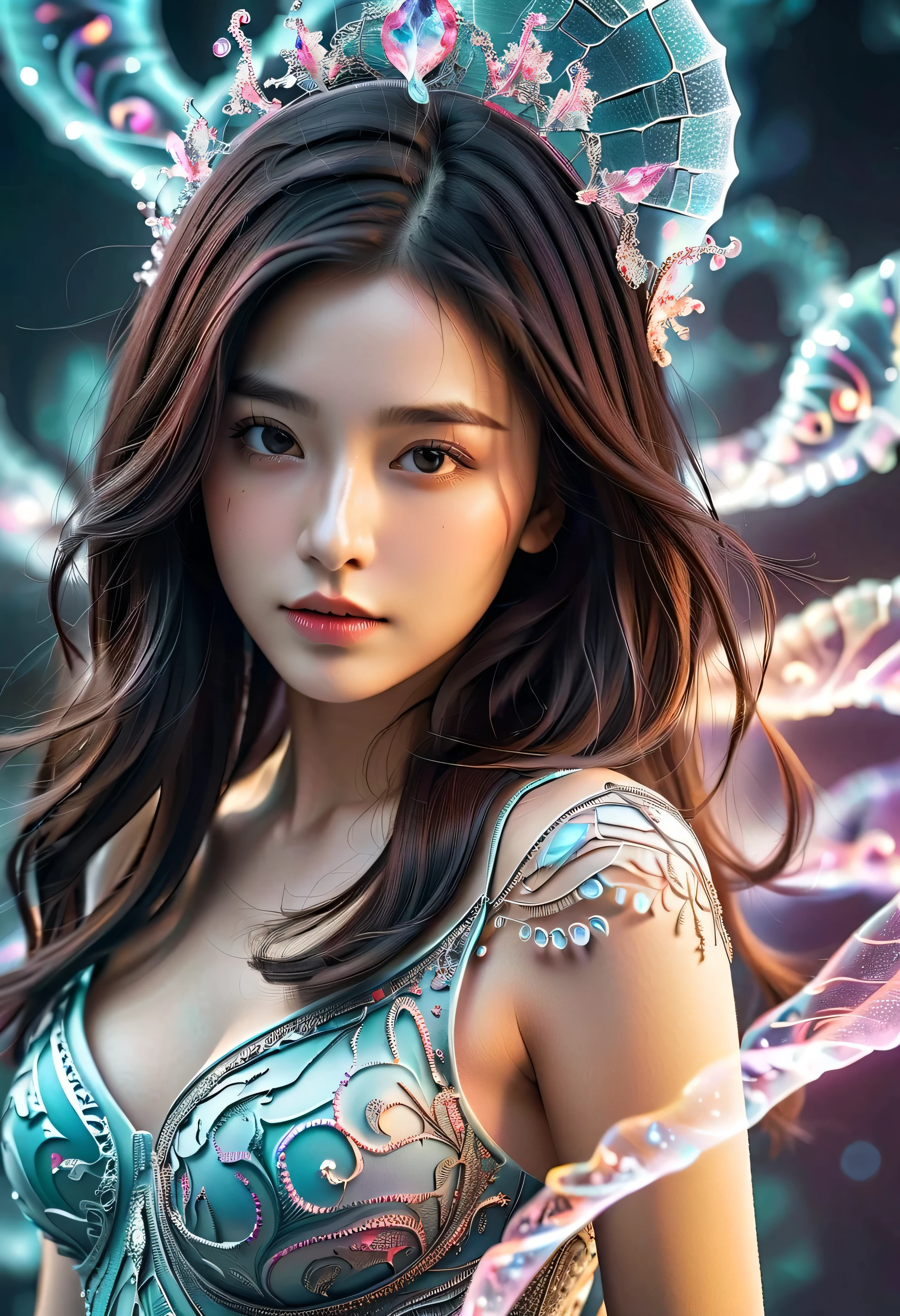fractal,glowing,1girl,blingbling,Motion blurred,