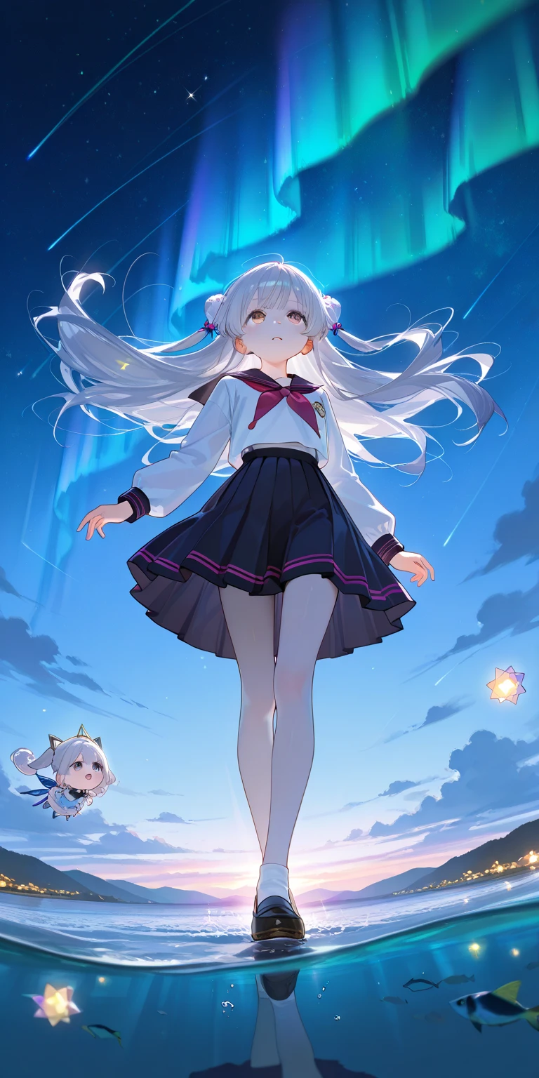 solo, 1girl\(cute,kawaii,chibi,school uniform, young, silver hair,floating hair, cosmic eye, pale skin, looking up,cute pose\). BREAK .(crystal clear bubbles\(shining prism,in the sky\), beautiful universe, (photo-realistic huge beautiful colorful aurora:1.2),high color saturation, ground\(made of water, reflecting aurora\), many colorful (realistic crystal flowers:1.2) blooming everywhere, (shiny wind flow), stars sparkle, from below,dynamic angle. (fish-eye lens:1.2). BREAK .quality\(,masterpiece, high score, great score, very aesthetic, high resolution, ultra-detailed, absurdres, newest, scenery, depth of field, fairytale, dreamlike\)