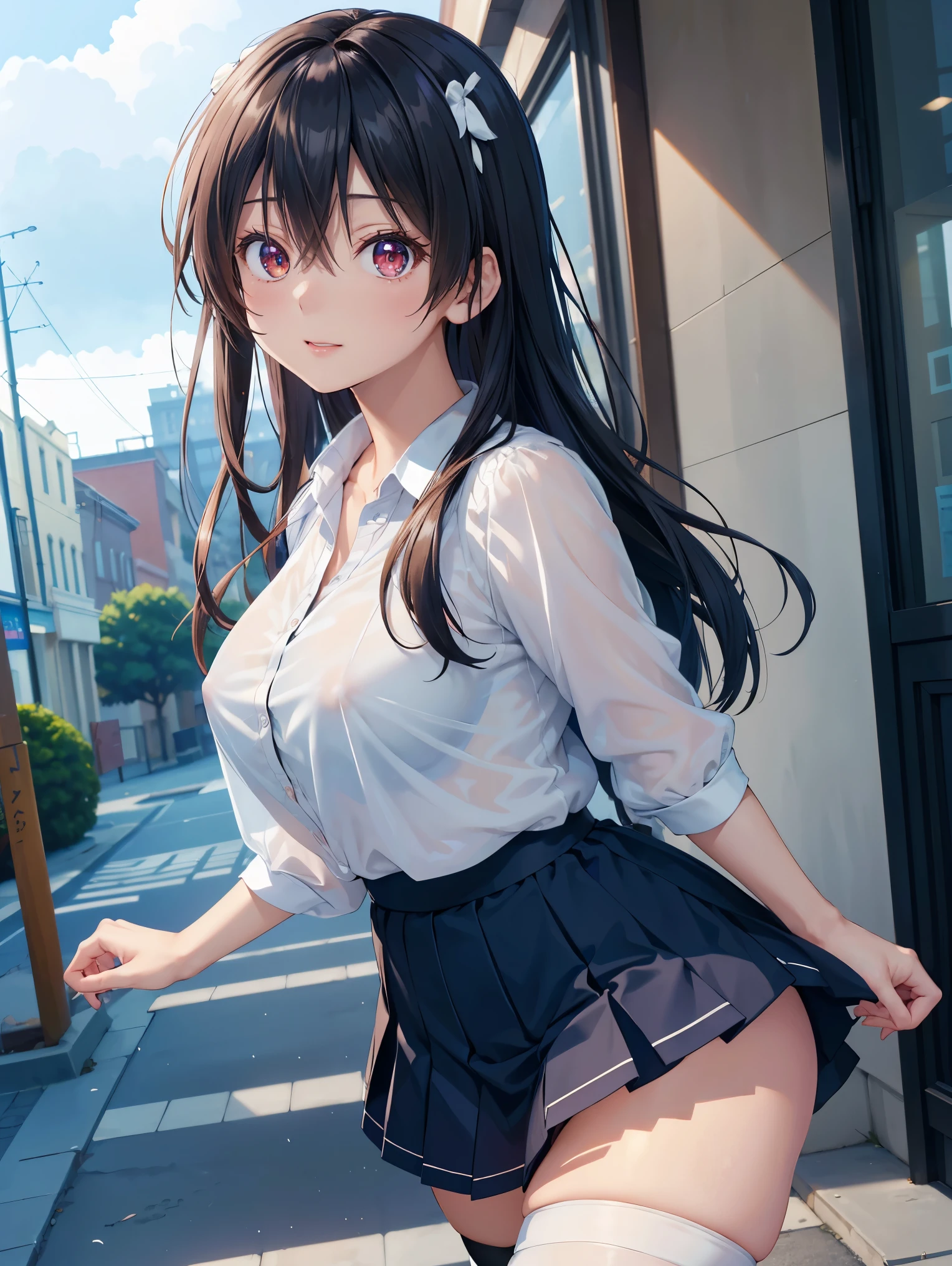 ((Tabletop, Highest quality, High resolution, Hmph, Pixel perfect,  4K, Hmph, Hmph))), 1 Girl, single, alone, Beautiful woman、I could see the whole body、 (Long Hair、Twin tails, bangs, Black Hair)), ((Purple eyes, Beautiful eyelashes, Realistic eyes)), ((Detailed face, blush:1.2)), ((Smooth texture:0.75, Realistic texture:0.65, Realistic:1.1, Anime CG Style)), A big bust that seems to burst:1.7, Dynamic Angle, Perfect body,  ((Red bow tie, , White shirt, Black Skirt, Checked skirt)), City Stairs、Looking up from the bottom of the stairs、Very embarrassing panic smile, looked back、Lean forward、(The wind blew up her skirt, exposing her buttocks...........................、Touch your buttocks with both hands、Lace T-back panties)、