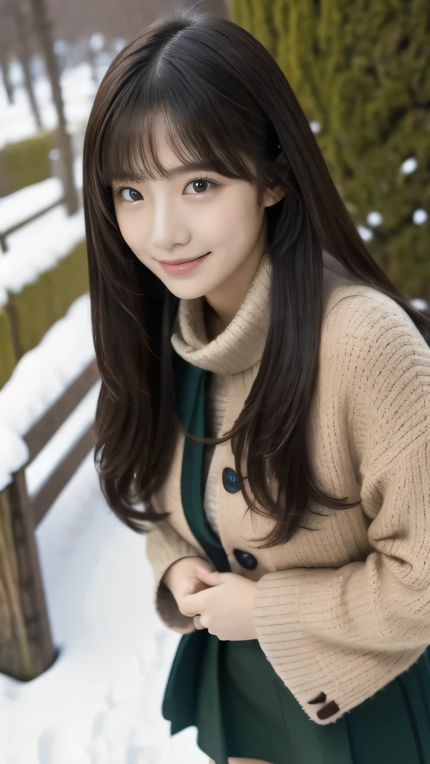 1 girl, solo, long hair, high resolution, portrait , gaze to God, smiles, black hair, is anatomically correct, top quality, comments, muffler , skirt, Short Boots, Reality, shooting test model , winter,snow