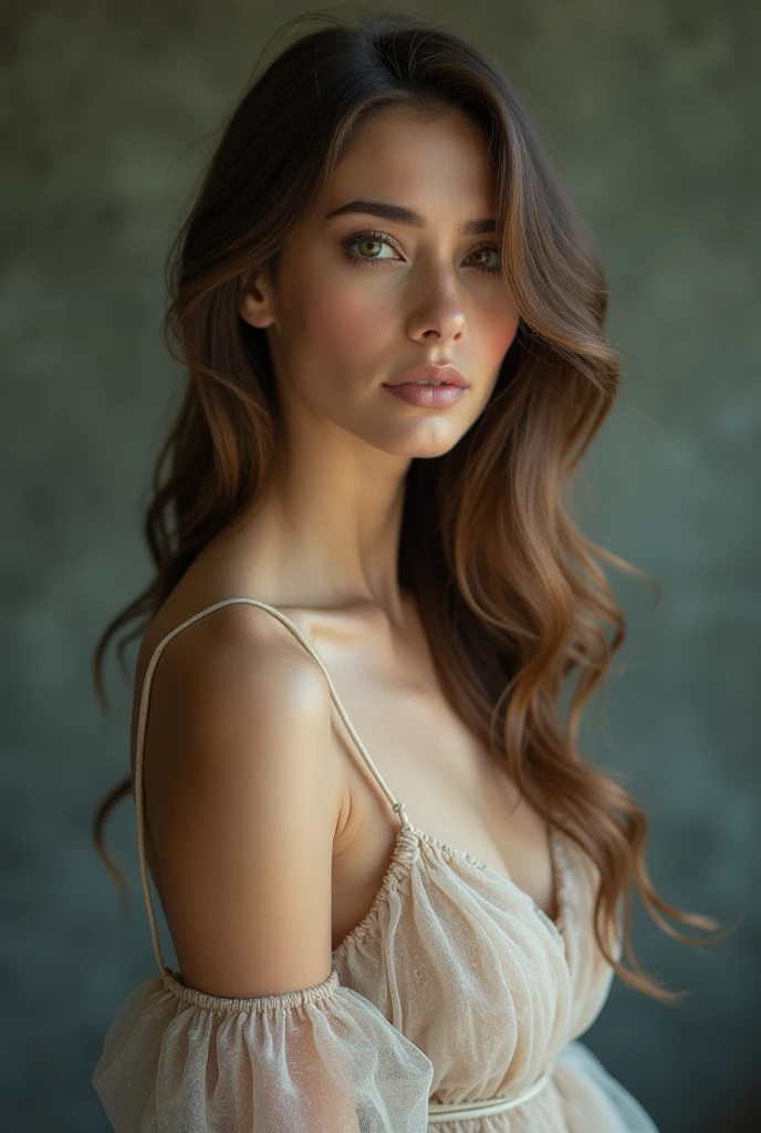 A white girl, long voluminous brown hair, blue big eyes and sexy body but not naked