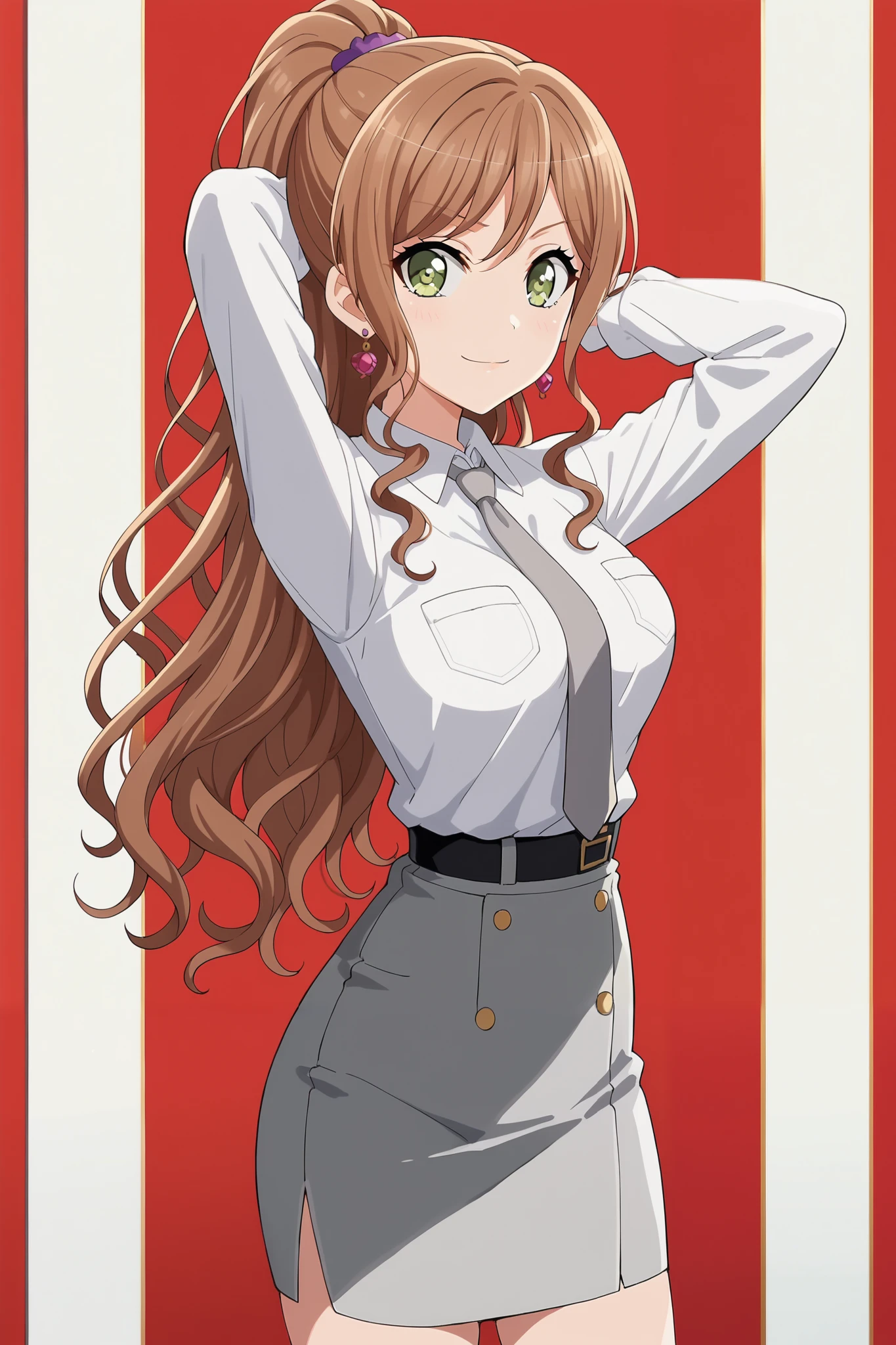 score_9, score_8_up, score_7_up, source_anime, masterpiece, (official style:1.2), best quality, high quality, (Intricate detailed:1.2), (solo:1.2), official art, bang dream! official art, 1girl, solo, imai lisa, brown hair, very long hair, ponytail, sidelocks, long sidelocks, breasts, medium breasts, white shirt, collared shirt, pocket breasts, necktie, grey necktie, Black waist belt, grey skirt, pencil skirt, feet out of frame, looking at viewer, simple background, red background, anime coloring, screencap, anime screenshot, standing, best quality, masterpiece, Hand detail, arm detail, finger detail, Hands behind head,