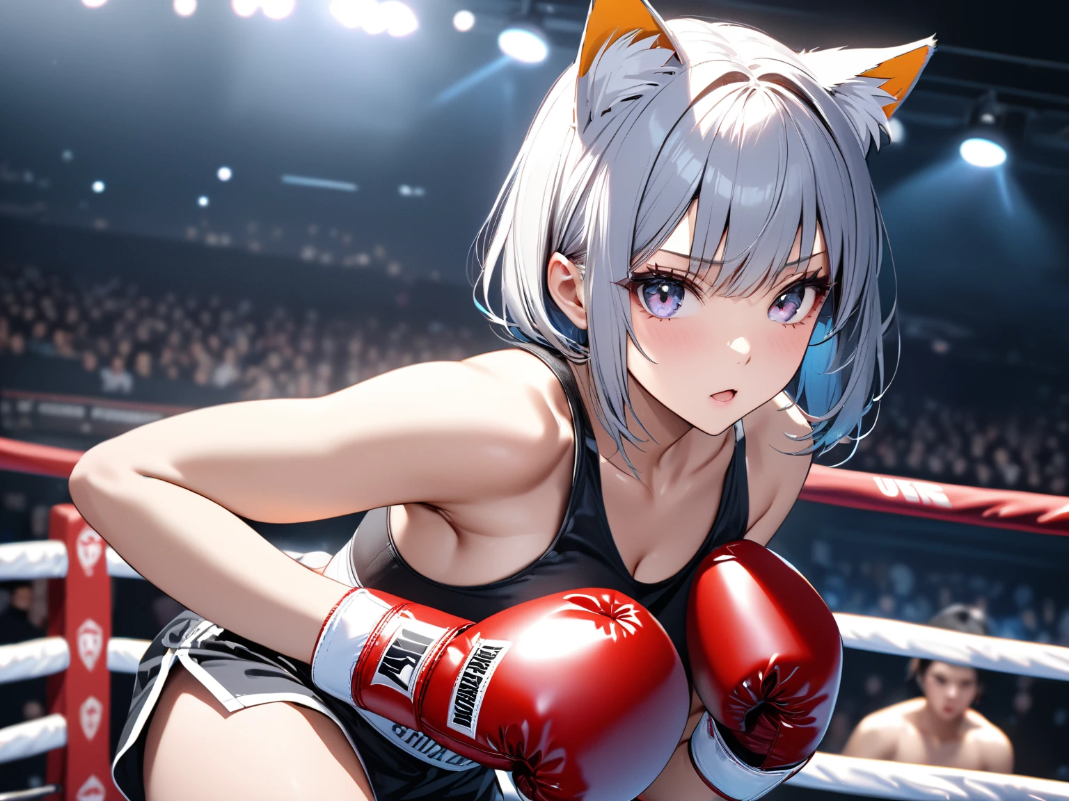 Nyatasha Nyanners in a boxing stance, light pink hair, blue eyes, anime catgirl