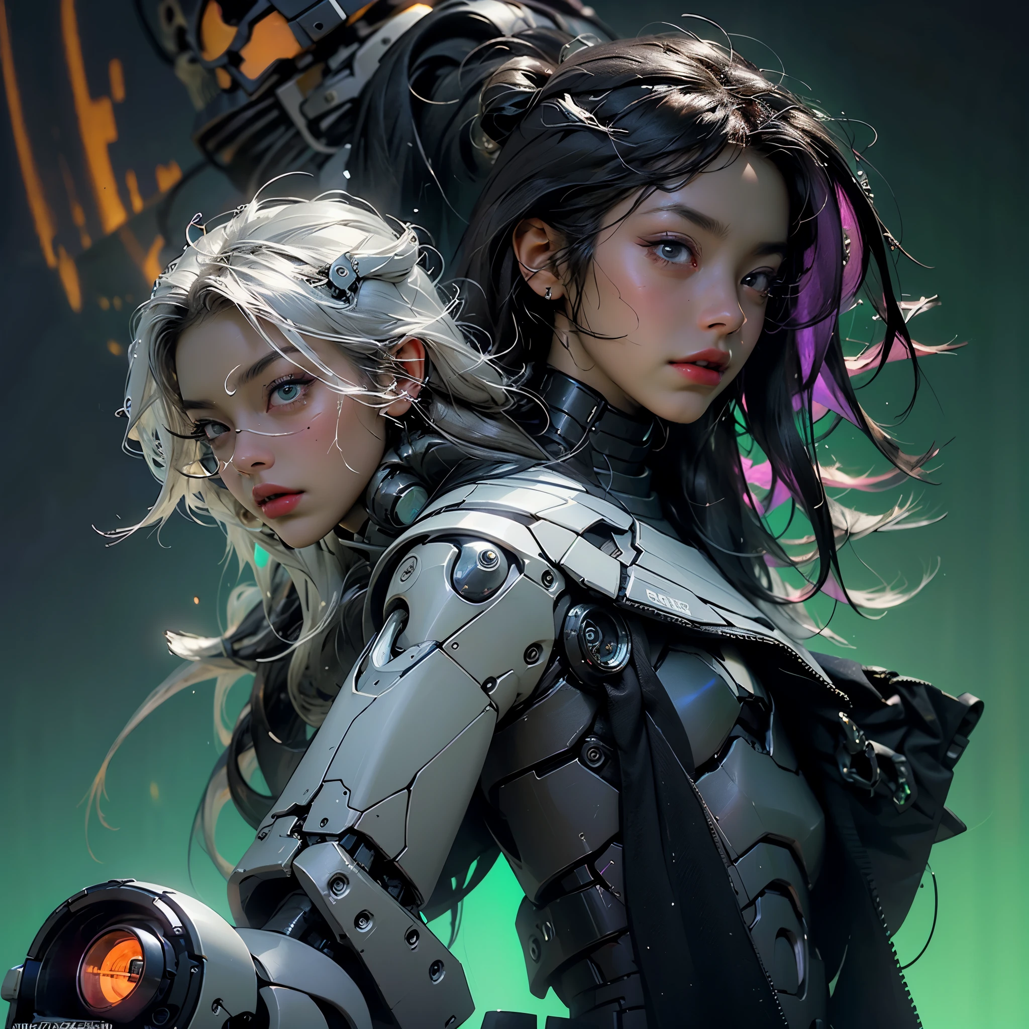Surreal work of cubes containing cyberdroid women, bonsai, robot skulls, mechanical weapons, fractal effects, chaotic holographic light stripes background, combining surrealism with neon colors and cosmic elements