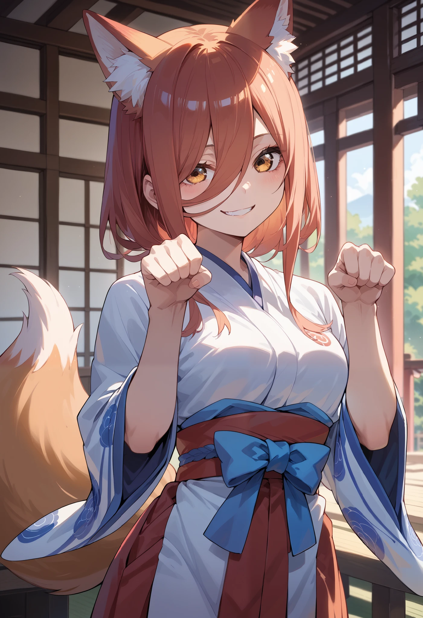 in the seat,Fox,Possession,Nakano Miku,Golden Eyes,Red and white shrine maiden outfit, shoulder out, fox ears, mischievous smile, smirking , sounds fun, fox tail ,god々Successfully, cute,Fox Paw Pose