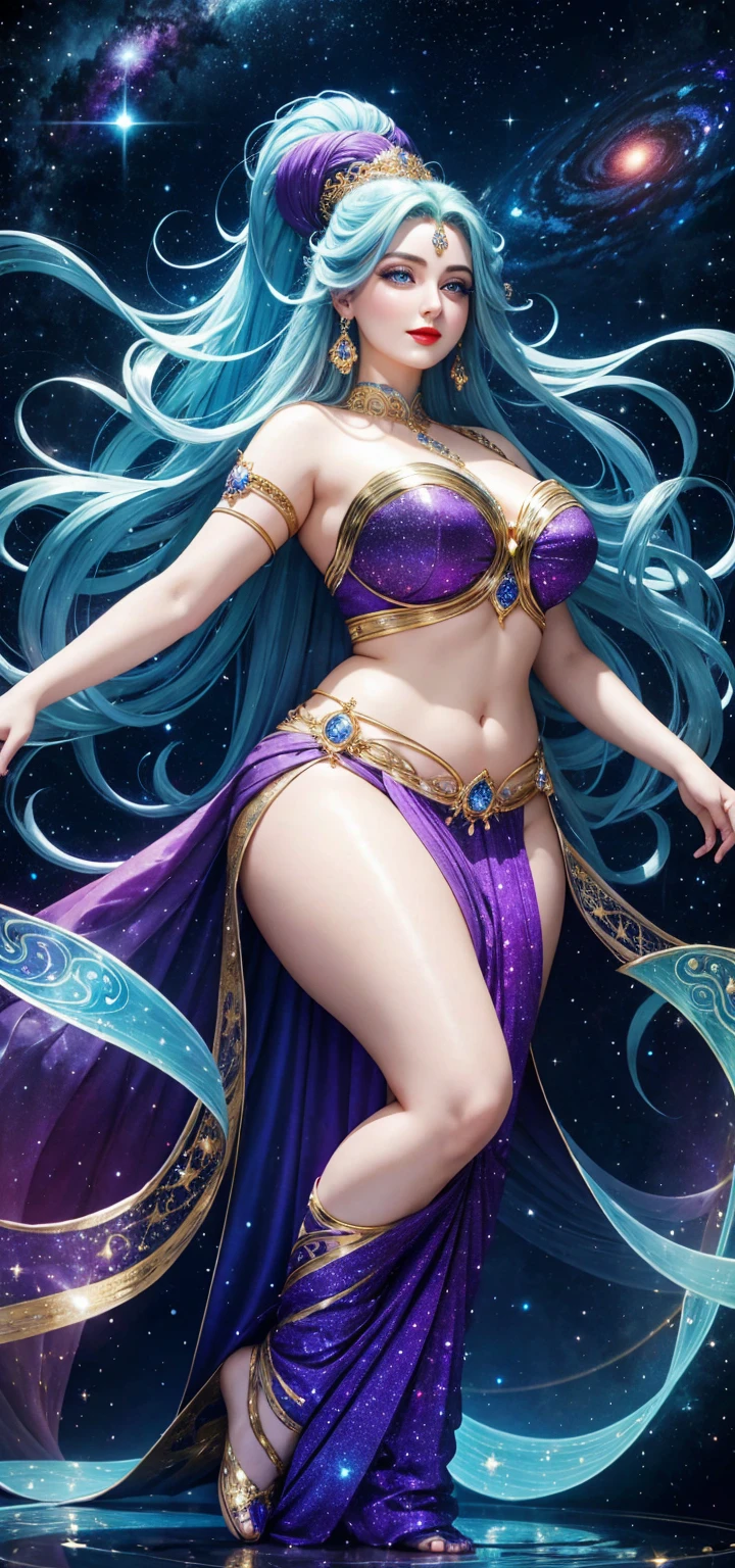 tmasterpiece,Highest image quality,Beautiful bust of noble elven dancer,Exquisite sky blue hairstyle,Clear golden eyes,veils,veils,heeled sandals,Has a dazzling array of、Well made jewelry,Ultra-detailed details,advanced。At the Pixiv Art Station,Break your own power,Luigi,Big breasts exposing cleavage,R-18G