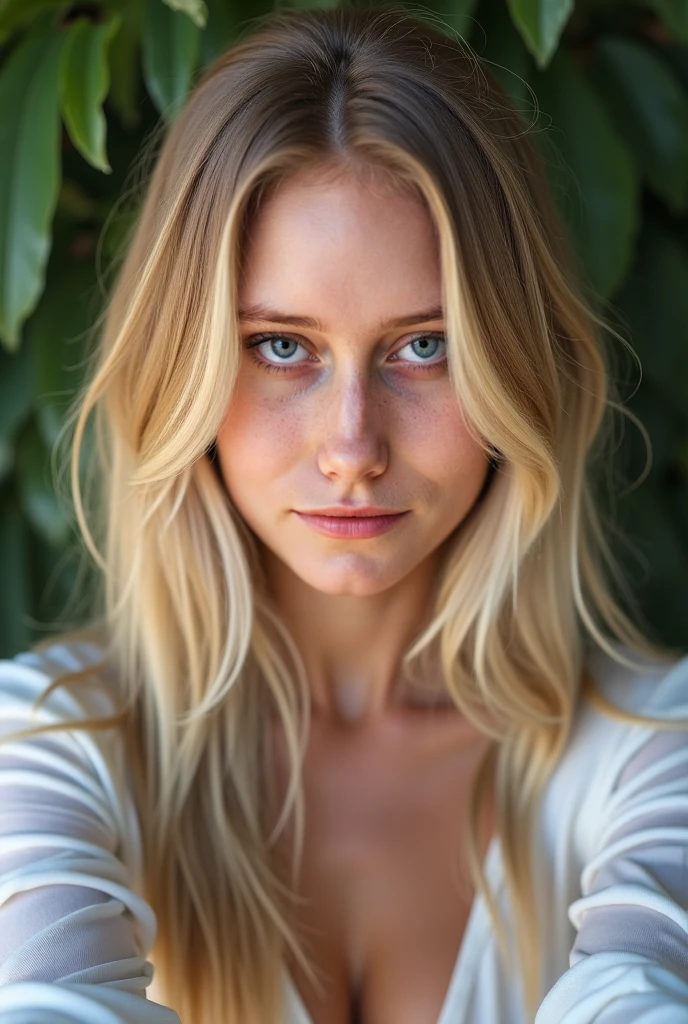Ultra-realistic extremely high definition 8K RAW analog epic portrait photograph close up selfie of a beautiful young in a beautiful garden, youthful face sensual,she is wearing a white open unbuttoned blouse that barely covers her super-small perky[boobs]nsfw:1.2, photoshoot,Maximum realism(pale skin,very long blonde straight beautiful hair with soft highlights:1.8)(ultra detailed:1.3),tiny waist(Waist slender), ultra detailed, freckles, 1 girl,in a typical  girls bedroom,very shy,innocent,somewhat smiling,looking lovingly at viewer,beautiful blue sparkling detailed eyes,full body view,(( topless she has cute perky small but sexy boobs extremely-nsfw explicit))flirting with the camera,shot from above, looking at the camera,(UHD,RAW,realistic photographic masterpiece,20 megapixel photo,highest resolution possible,sparkling eyes,natural beautiful [blue] eyes,insane detail,intense shot,stunning composition,best lighting possible,detailed authentic skin texture,best texture possible,realistic texture,actual real photo,beautiful and delicate photo)perfect full lips,slim face,youthful,young,((bare naked fully undressed nude extremely-nsfw))perfect nipple:0.5,realistic nipple,anatomically correct female nipple,nipple texture,areola texture,(intense eye contact,eye catching,slim face,feminine face,directly looking at the viewer,sparkling eyes,detailed eyes,intricate eyes,stunning eyes,close up,small forehead:0.5,close up eyes,eye focus,(no shirt nsfw,no top nsfw,no bra nsfw,no underwear nsfw,)(ultra long hair)(soft adorably innocent smile)confident,(looking directly at the viewer,face focus)natural lighting,best lighting possible,(eye contact)sharp focus,deep blue eyes,photographed on a Panasonic Lumix GH6, FE 35mm lens, F1.4,(highly detailed,intricately detailed),eye focus,high clarity,high definition,(detailed skin,natural lighting)fine details,natural lighting,sunlight,best lighting possible,warm weather,[shadows],photographed on a Nikon D850(very flat chested:1.9)