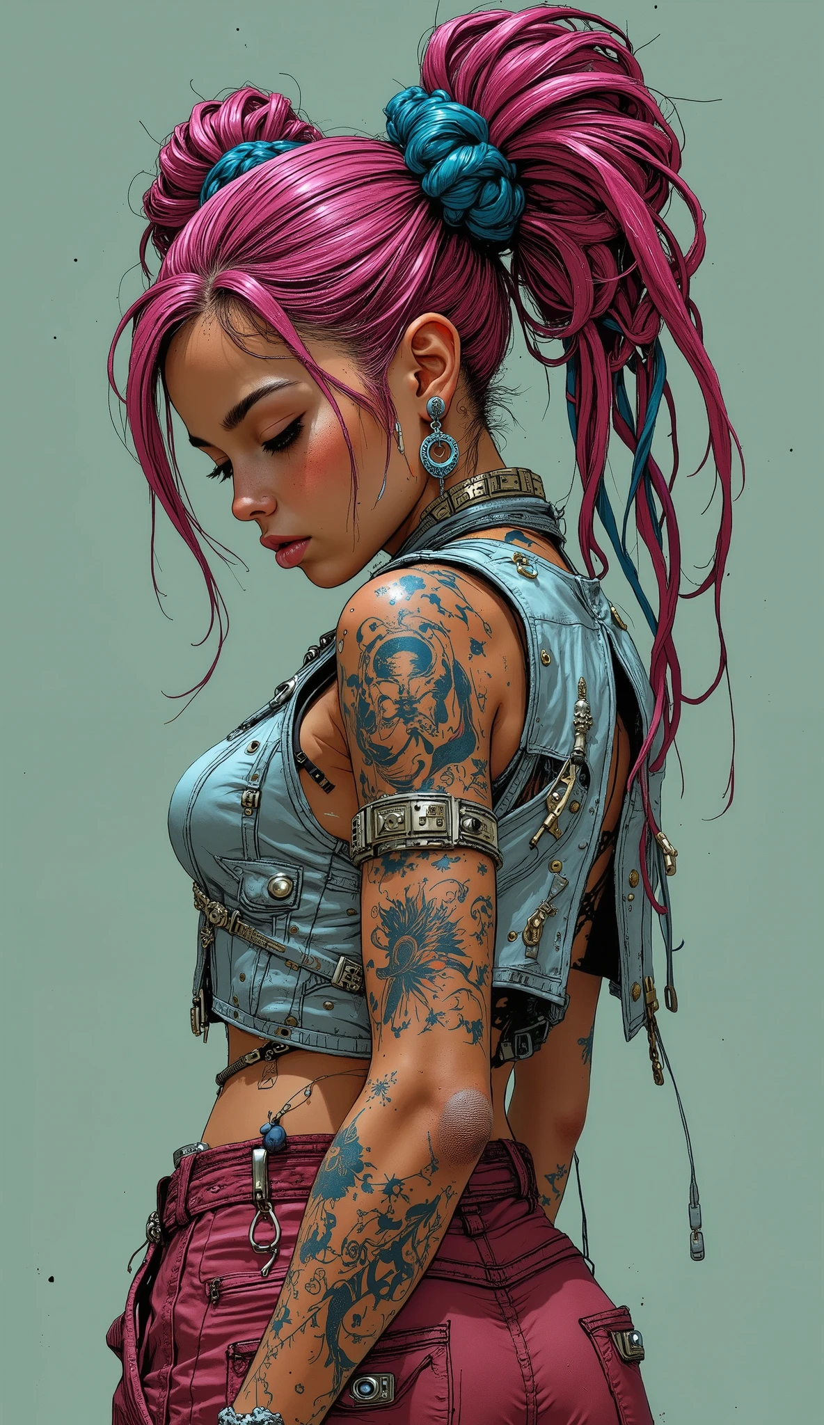 Arafed woman with pink hair and tattoos standing in front of a wall ...