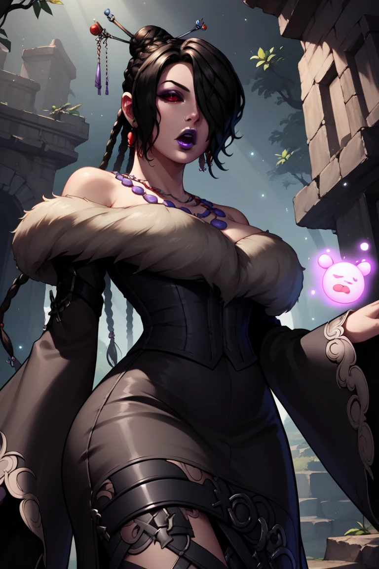 Morrigan, a statuesque figure, lies slumbering amidst the darkness of an ancient forest. Her piercing predator eyes glow with an ethereal light, illuminating the surroundings. A radiant full white moon casts an eerie glow above her, as if watching over her peaceful slumber. Her voluptuous form is accentuated by her generous breasts and curvaceous hips. Framed against the somber backdrop of twisted trees, Morrigan's beauty shines like a beacon in the night.