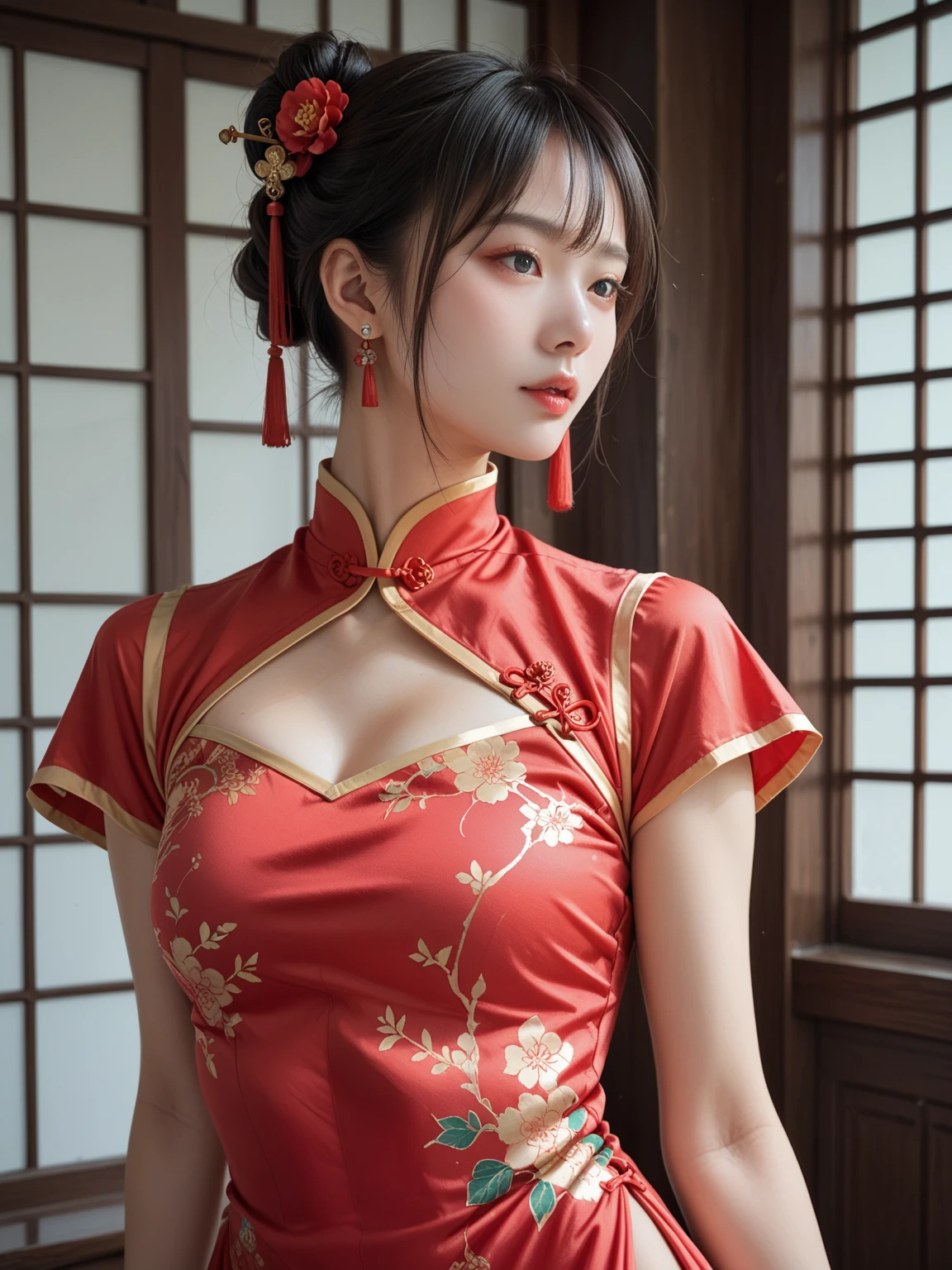 top-quality、超A high resolution、(Photorealsitic:1.4)、(unity 16k wallpaper、masterpiece、best quality、ultra-detailed、extremely detailed CG、caustics、cinematic lighting、detailed、beautiful detailed eyes、nsfw:2.0、1girl、curby)、超A high resolution、 Fine skin、(cute little:1.2)、(15yo girl)、((chinese clothes:1.2))、((Writing a fine background、Highly saturated、strong light、sexy chinese clothes))、