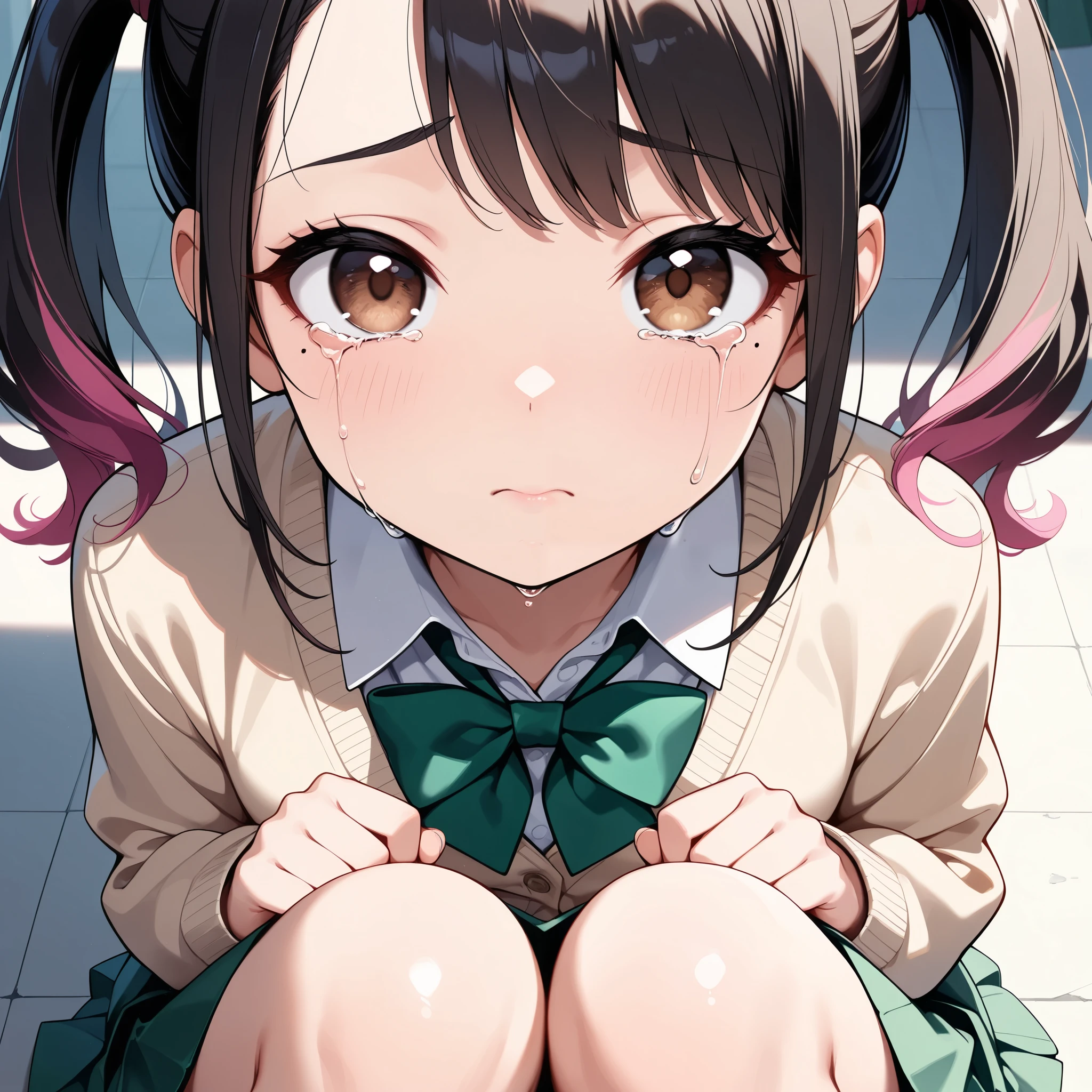 1girl,solo,yuuki mikan,, ,brown hair,, ,1girl,,(((casual outfit))),small breasts,(((sweating,blush))),open mouth,miniskirt,fullbody