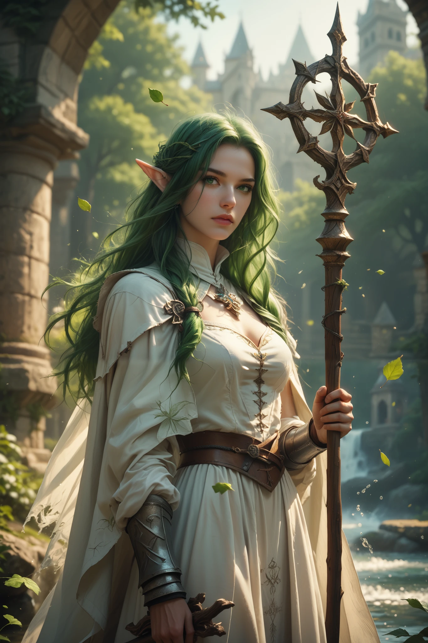 score_9, score_8_up, score_7_up, (masterpiece, UHD, 8K, 16K, ultra detailed), sfw, upperbody shot, 1female, elf, (shy, clumsy), green eyes, long hair, green hair, holding a wooden staff, white dress, white cloak, intricate details, (murmuring leaves), (wind:1.2), (medieval fantasy), (RPG, healer class), runic temple background, ivy covering buildings, (splash art), amazing character desing, (depth of field), bokeh, diffused light, dramatic ambient