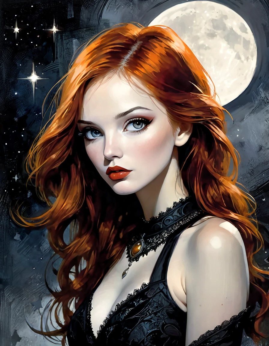 Sexy girl, very long red hair, long lace dress, lace fabric, night, moon, stars, eroticism, sexy, black and white image, between shadows, oil painting, chiaroscuro, sensual, dramatic lighting, moody atmosphere, photorealistic, intricate details, masterpiece, ultra-detailed, high quality, 8k, best quality, realistic, cinematic, dark and brooding, expressionistic, powerful composition, emotional impact, art inspired by Bill Sienkiewicz and Dave McKean

