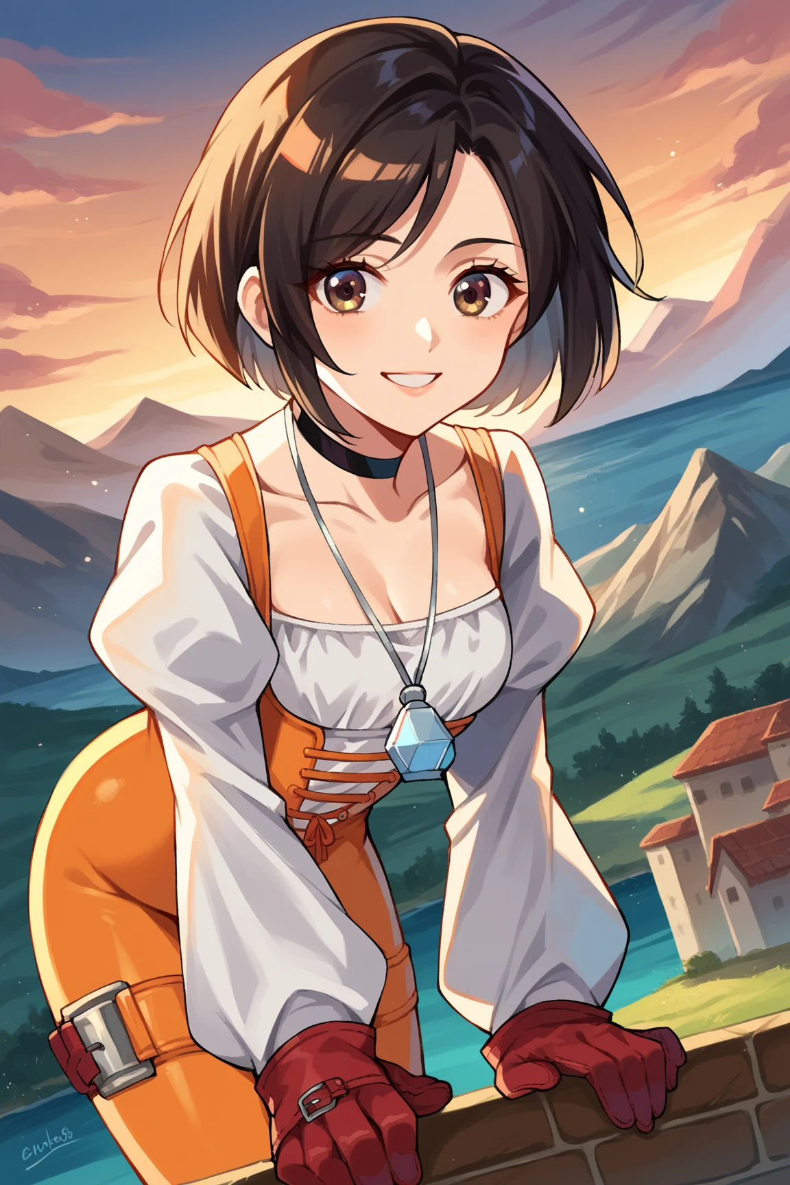 score_9, score_8_up, score_7_up, source_anime,
garnet, <lora:garnet-til-alexandros-xvii-ponyxl-lora-nochekaiser:1>,
garnet, grey eyes, short hair, swept bangs, black hair,
bodysuit, choker, gloves, jewelry, juliet sleeves, long sleeves, necklace, orange bodysuit, pendant, puffy sleeves, red gloves,
outdoors, landscape, bent over, smile,
looking at viewer, dutch angle, cowboy shot,