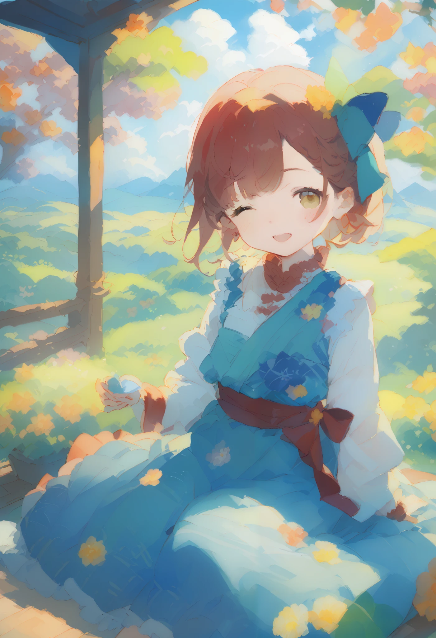 watercolor、Light color、cat、 one woman, Girl Sitting on the Prairie, じゃれる白いcat
