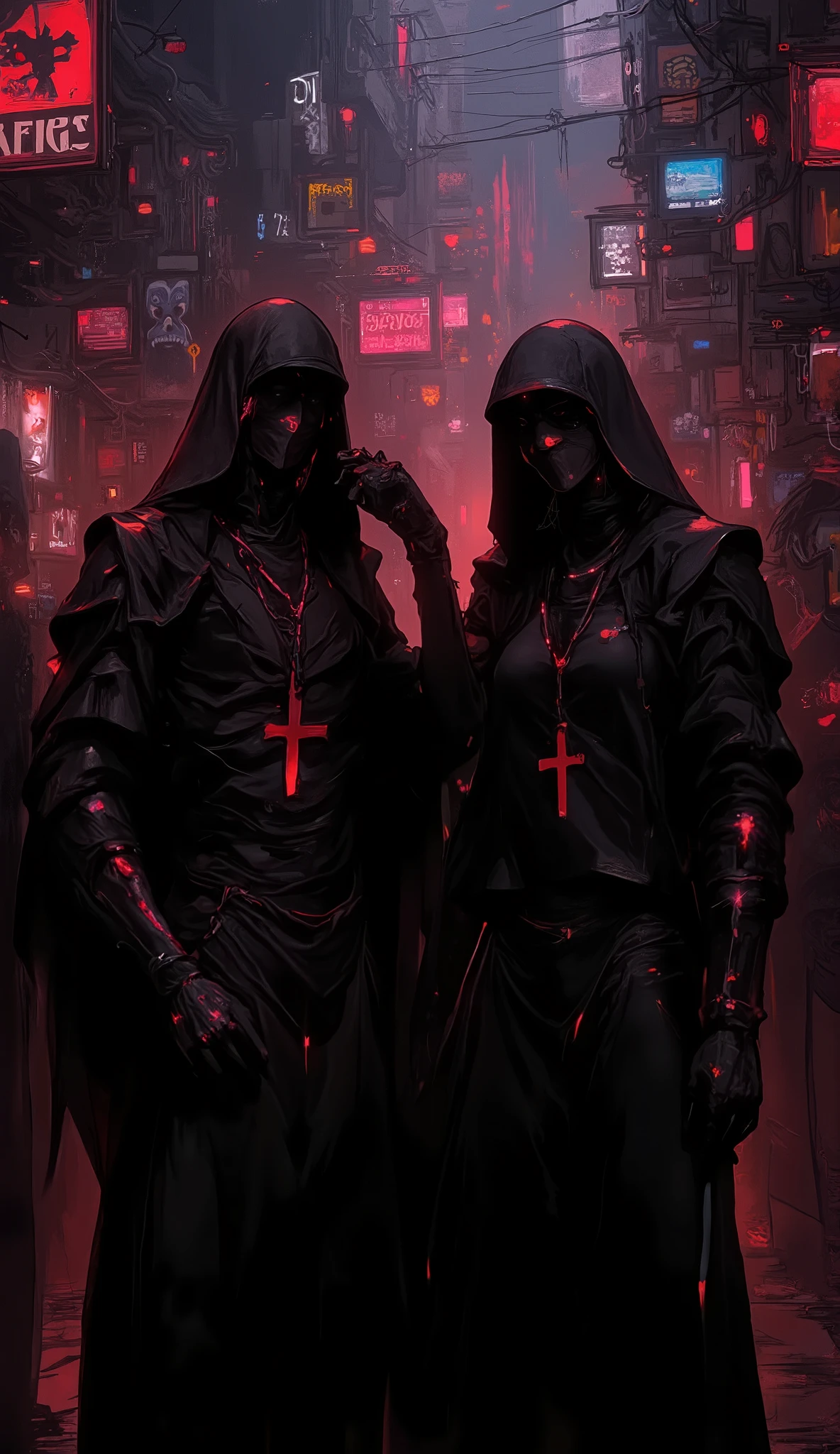 [Two cloaked figures, standing in a dimly lit cyberpunk alleyway, appear mysterious and ominous. Red glowing lights illuminate their faces and bodies, creating a sense of unease and foreboding. The background depicts a futuristic cityscape with neon signs and intricate architecture.], [Digital painting, cyberpunk art style, blending elements of sci-fi and fantasy], [Inspired by Syd Mead's concept art and the works of Moebius], [High resolution, cinematic lighting with strong contrasts between light and shadow, predominantly dark and moody color palette with accents of red, detailed textures on the cloaks and the city structures, atmospheric perspective creating depth and distance, rendered in a photorealistic style.]