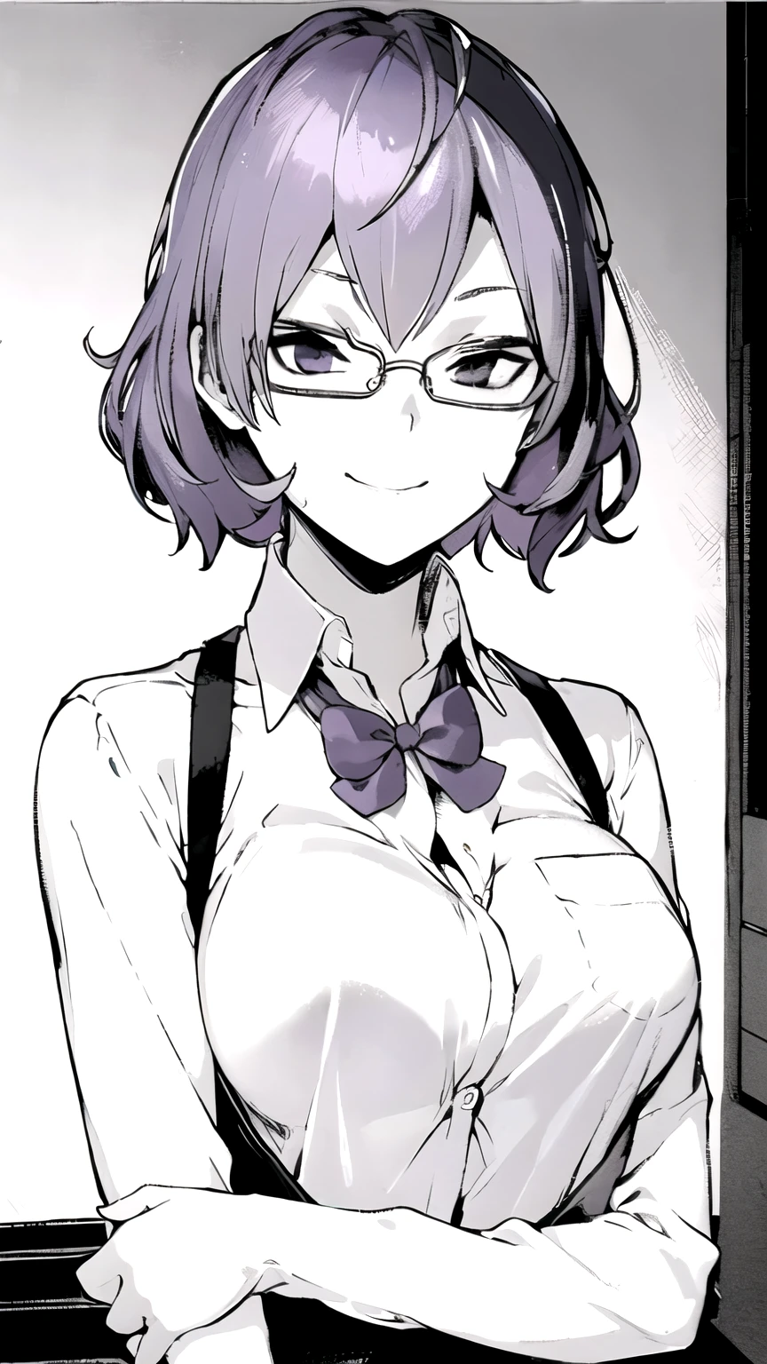 ((masterpiece,best quality)), {DATE_artstyle_LoRA : Manga_Style_LoRA } {horror_edit : Semi_Monochrome} { :( Mirei_Mikagura, short hair, ), perfectly_shape_breast : perfectly_fit_body } { , Dress, glasses } {, wide_smile , smirk } { posing} { }