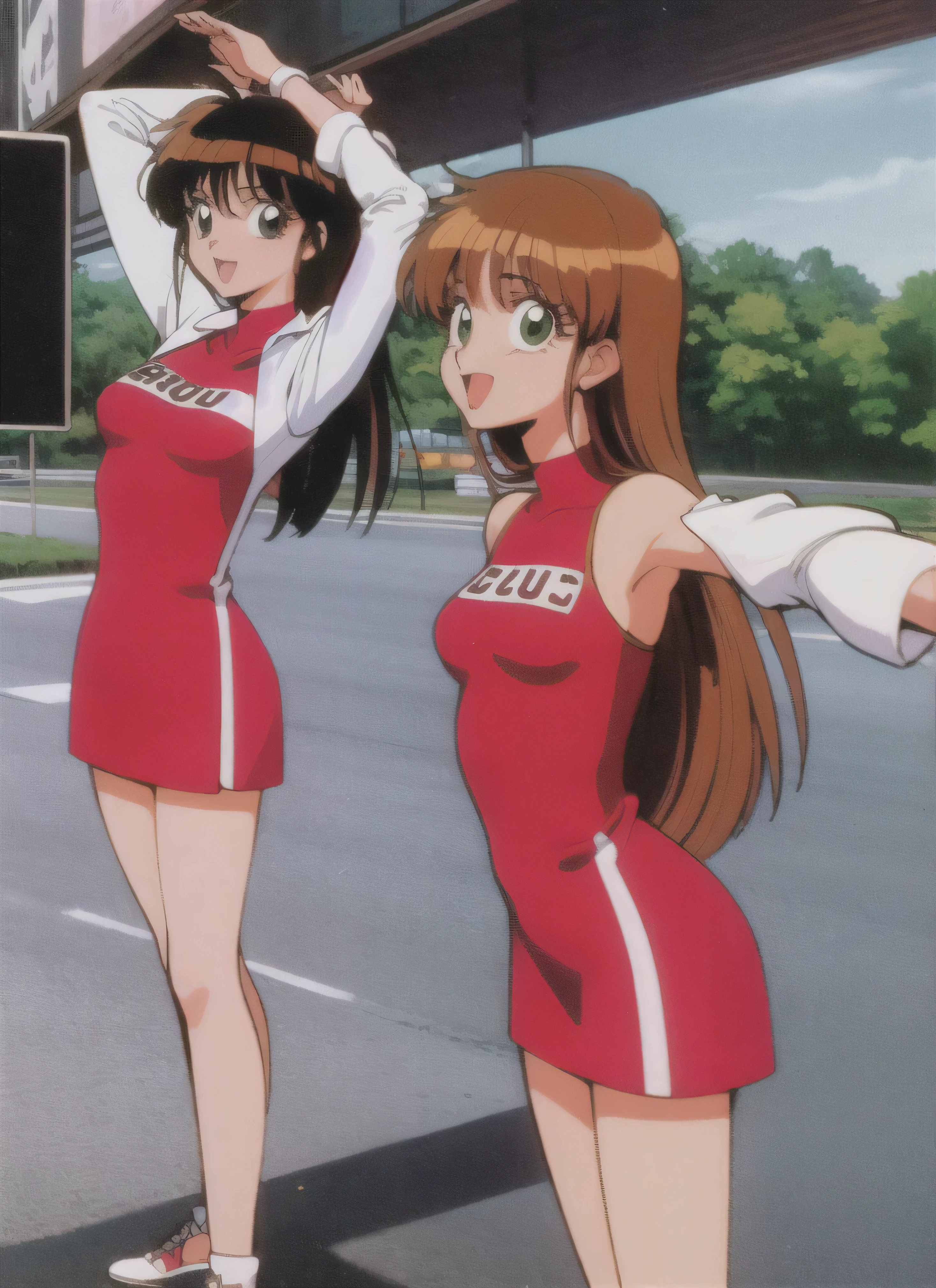 perfect anime illustration, multiple girls, teenage girls, clones, identical sisters, crowded, brown hair, curly hair, long hair, matching hairstyle, hazel eyes, smiling, pink bodysuits, skintight bodysuits, matching outfits, highres, full body, group picture