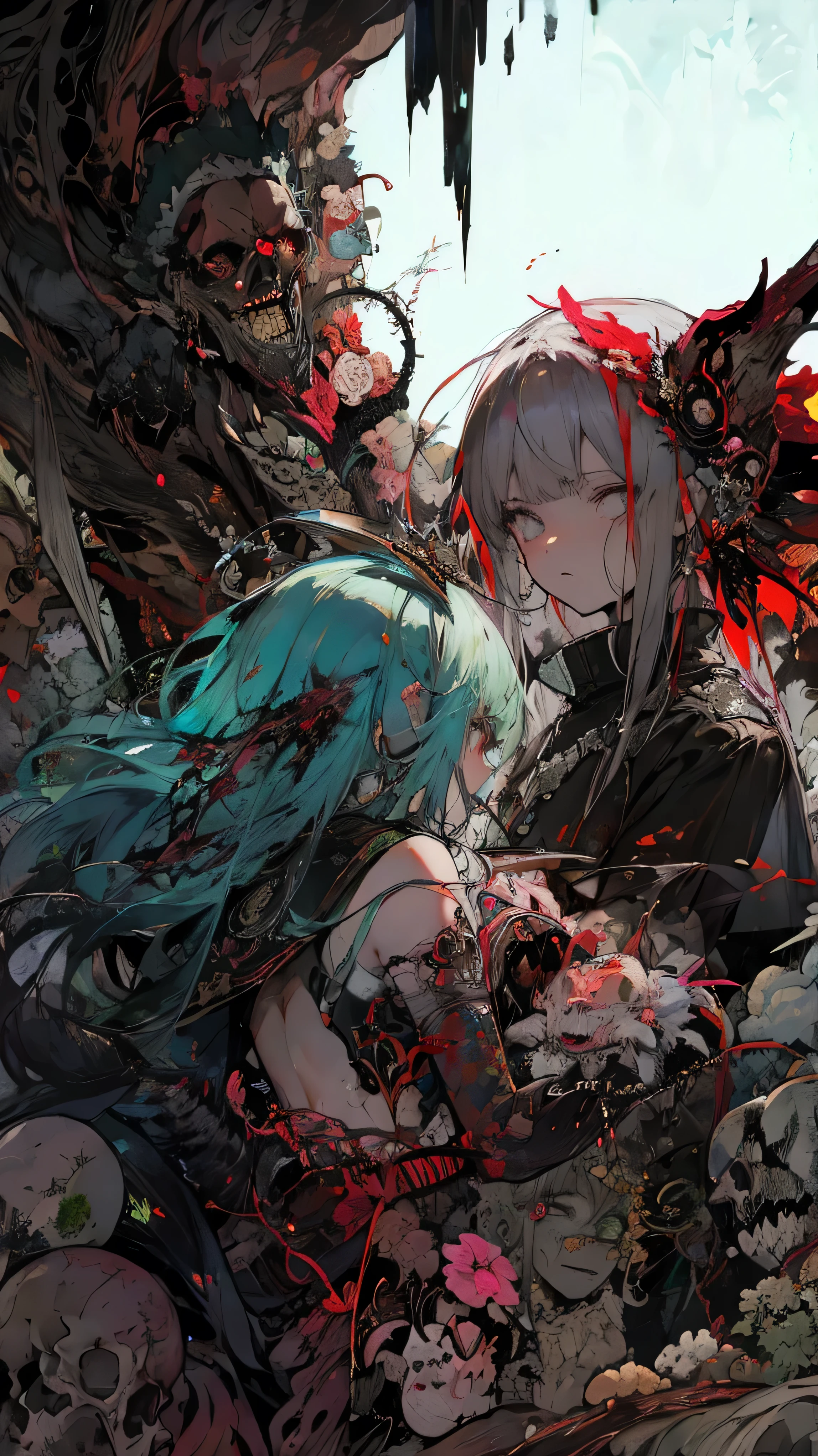 masterpiece, best quality, 1 girl, supine, lying face down on the floor, pale skin, messy hair, red eyes, glowing eyes, creepy, creepy smile, crazy expression, blood on face, blood on clothes, naked, creepy, scary, blood, horror, light particles, night, iron bracelets with chains