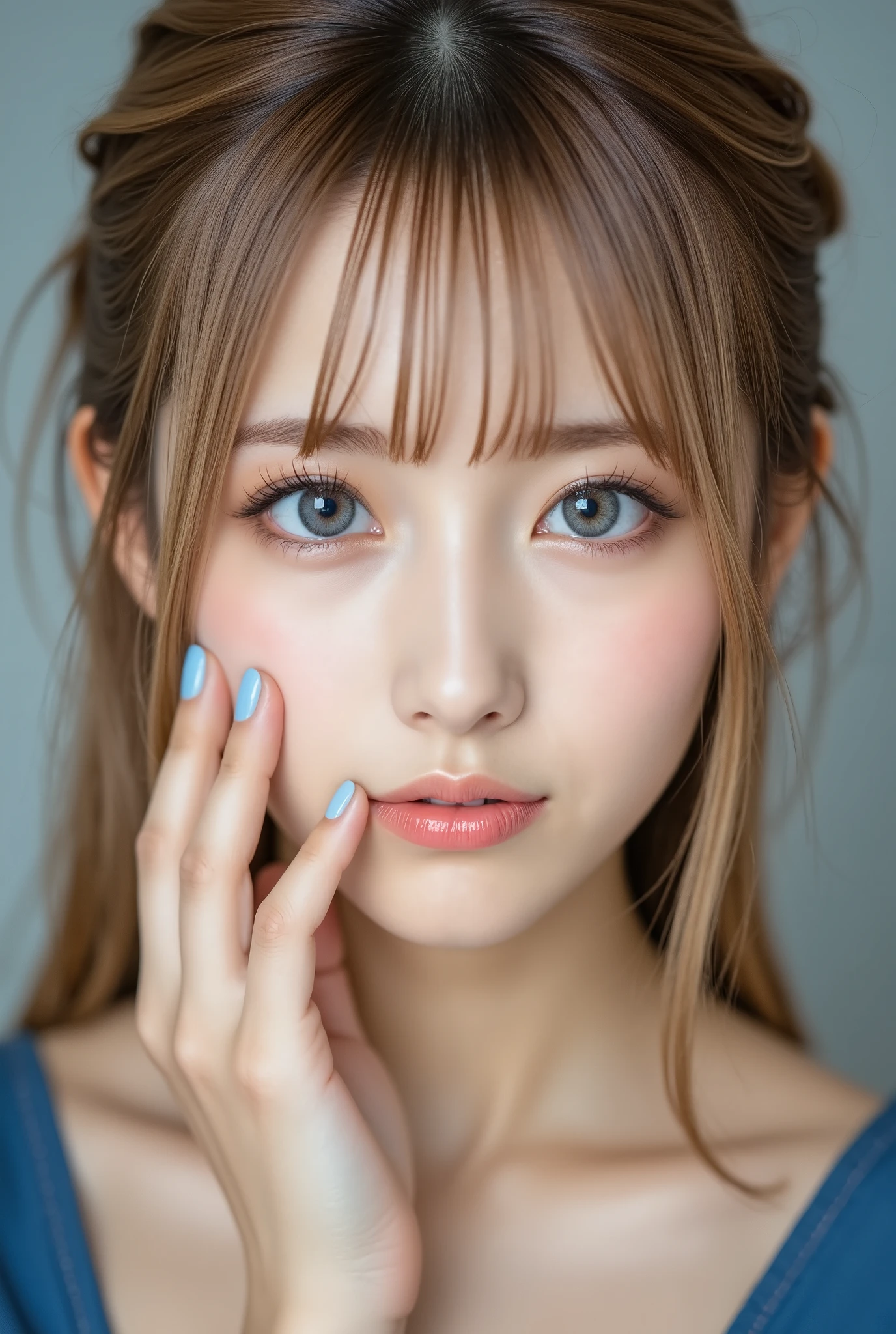 Close-up of a young woman with blue eyes and blonde hair styled back. She looks directly at the camera with an intense gaze. Her right hand touches her face, fingers spread slightly on her cheek and lips, with light blue nail polish. The background is softly blurred, emphasizing her facial features.