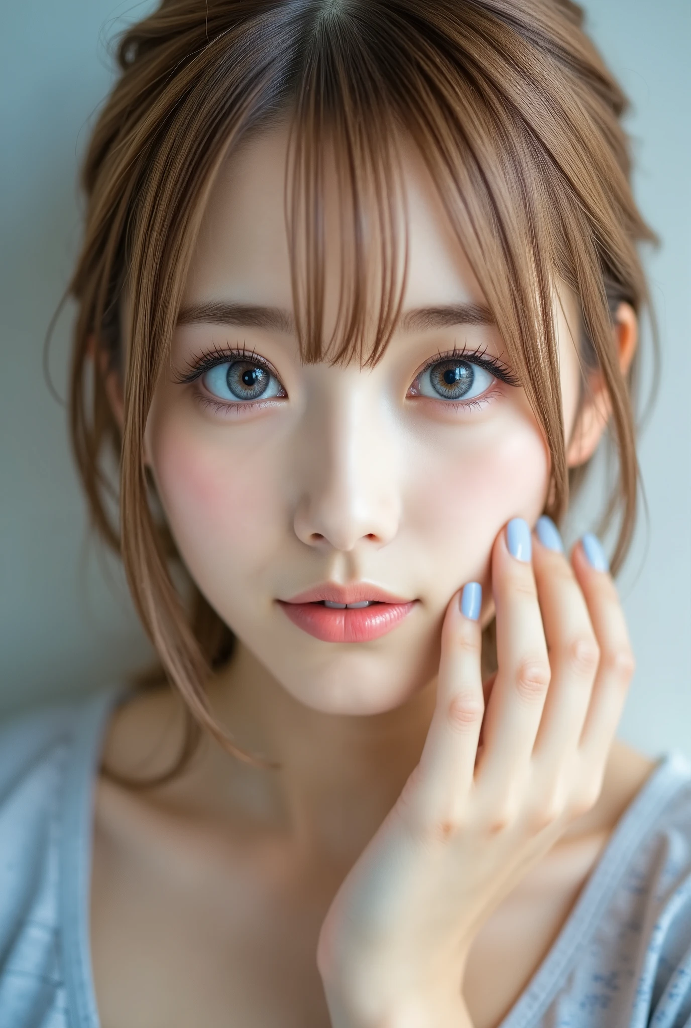 Close-up of a young woman with blue eyes and blonde hair styled back. She looks directly at the camera with an intense gaze. Her right hand touches her face, fingers spread slightly on her cheek and lips, with light blue nail polish. The background is softly blurred, emphasizing her facial features.