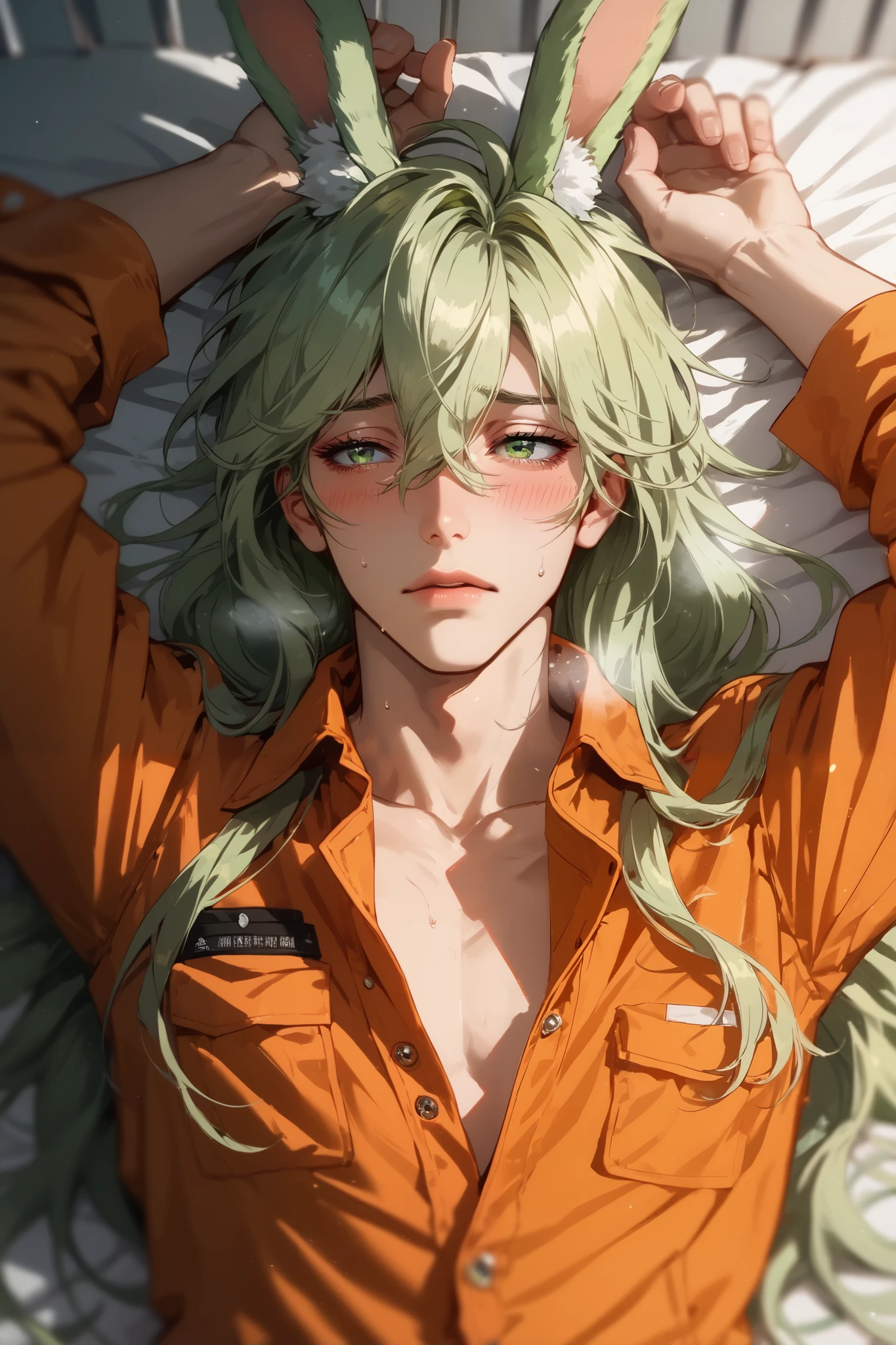 (Masterpiece), best quality, highest quality, original, high resolution, (depth of field: 1.5), fidelity: 1.3, 1guy, eye focus, solo male, male face, light green hair, long hair, hair between eyes, light green eyes, flat chest, green upright rabbit ears, pointed rabbit ears, rabbit boy, orange prison jumpsuit, prison background, half lidded eyes, avert gaze, averting gaze, looking away, shy, embarrassed, worried expression, blushing, unbuttoned jumpsuit, exposed chest, laying on bed, from above, lips parted, panting, breath, hands held above head, broad shoulders, rabbie