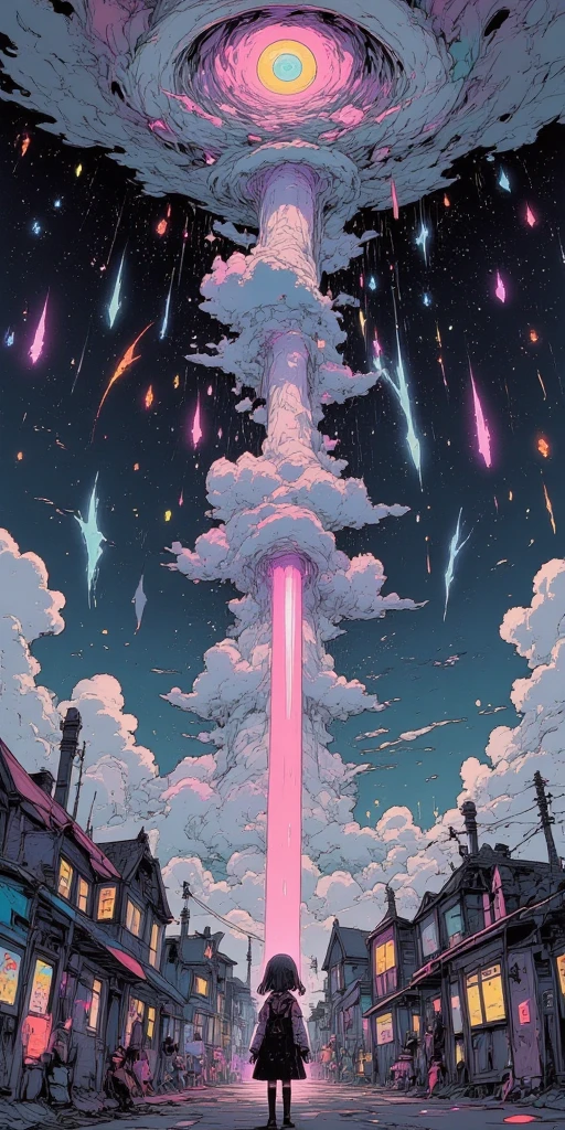 doutch angle view of a very beautiful end-of-the-world scene, tremendous so many beautiful meteors falling blasting the clouds to beautiful lively city. Very dynamic dramatic picture. The sky is beautifully spread out in an impossible and unusual color. People are looking at it from below.