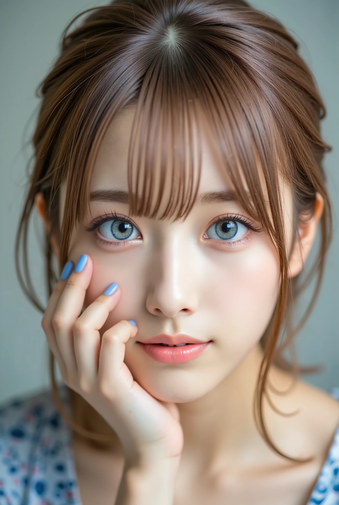 Close-up of a young woman with blue eyes and blonde hair styled back. She looks directly at the camera with an intense gaze. Her right hand touches her face, fingers spread slightly on her cheek and lips, with light blue nail polish. The background is softly blurred, emphasizing her facial features.