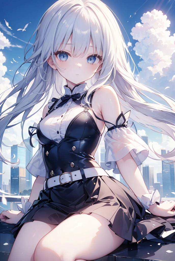 (Masterpiece), (Top Quality Anime Illustration), (Super Definition), One Girl, Solo, Beautiful Girl with Silver Hair, Anime , Cat Ear Lolight Blue Miniskirt Cheongsam, See-through, Sleeveless, Smile, Cleavage Emphasis, Side Breasts with Bare Skin Visible, Open Stance, Thighs, Butt Protruding, Ass Focus
