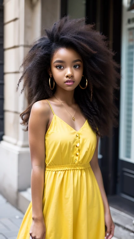 dark brown skin girl,16 years old, huge gorgeous afro hair and big eyes, wearing a yellow dress and Developer, soft expression. semi realistic. flat figure
