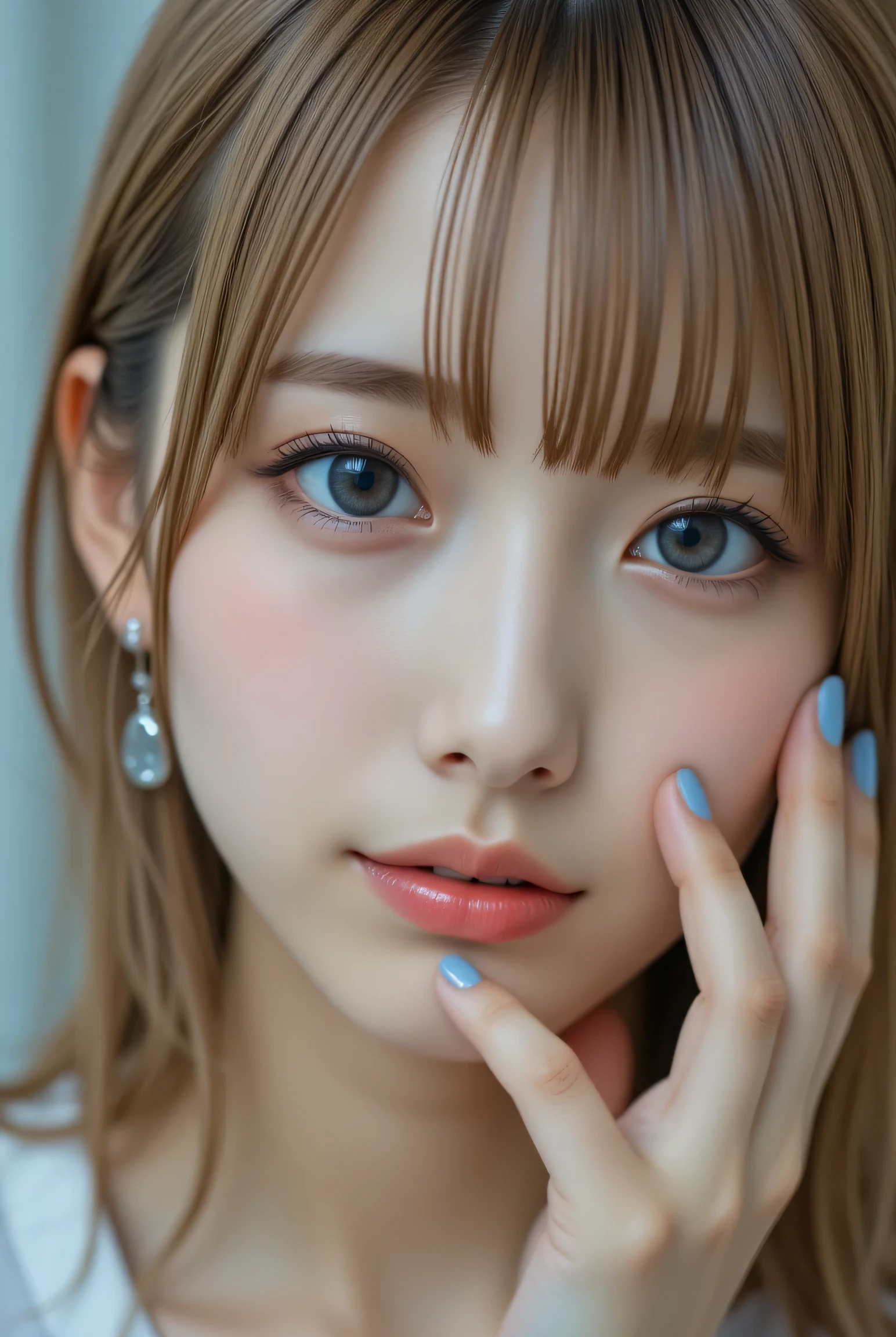 Close-up of a young woman with blue eyes and blonde hair styled back. She looks directly at the camera with an intense gaze. Her right hand touches her face, fingers spread slightly on her cheek and lips, with light blue nail polish. The background is softly blurred, emphasizing her facial features.fantasy (1girl in), super long hair random , Extremely cute face, (random colors 3color )Amazing face and eyes, (Highly detailed eyes, Highly detailed face), fresh, Very clean appearance, (Hyper-realistic, hight resolution), (Best Quality:1.4), (hyper quality), puffy Authentic skin texture, Raw photo, (Realistic, Photorealsitic:1.37), Highly detailed, Professional 32k sexy female models , Huge breasts, eyes, twintails nlack hair High resolution , Upper body, No background, Studio Lightning , Wearing Multicolor pleated (red vivid school swimsuit) in bright tones　shiny grossy latex metalic(8k, RAW Photos,Highest quality, High resolution:1.1), (Ultra-realistic:1.4),(Realistic, Realistic:1.3),The beauty of Japan、Rhythmic gymnastics club、Rhythmic Gymnastics Uniform、((Upper Body:1.3))32k sexy female models , Huge breasts, Black eyes, twintails blonde hair ,Gold Jewelry, High resolution , Upper body, (Stained with mud:1.5), dirty woman Best picture quality, masterpiece, ultra high resolution, (fidelity :1.4), photo, 1 girl,[(sadness)],white shirt, Dim, dark, desperate, pitying, pitiful, cinematic,(Torn clothes:1.5), (Wet clothes:1.4), bare shoulders,,wet hair,..dirty dirty