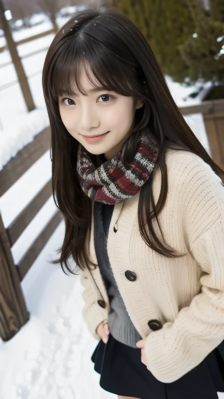 1 girl, solo, long hair, high resolution, portrait , gaze to God, smiles, black hair, is anatomically correct, top quality, comments, muffler , skirt, Short Boots, Reality, shooting test model , winter,snow