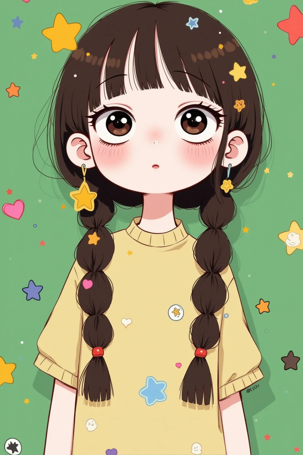 cartoon girl with long braids , Lovely art style, cute kawaii girl, Cute cartoon ,   Lovely Anime Style  , Animation Style,   Cute cartoon style,   soft and cute virtual anchor, Cute realistic portrait,   green theme  