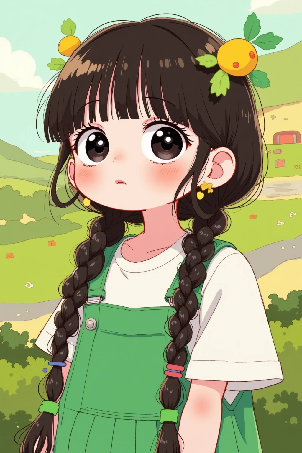 cartoon girl with long braids , Lovely art style, cute kawaii girl, Cute cartoon ,   Lovely Anime Style  , Animation Style,   Cute cartoon style,   soft and cute virtual anchor, Cute realistic portrait,   green theme  
