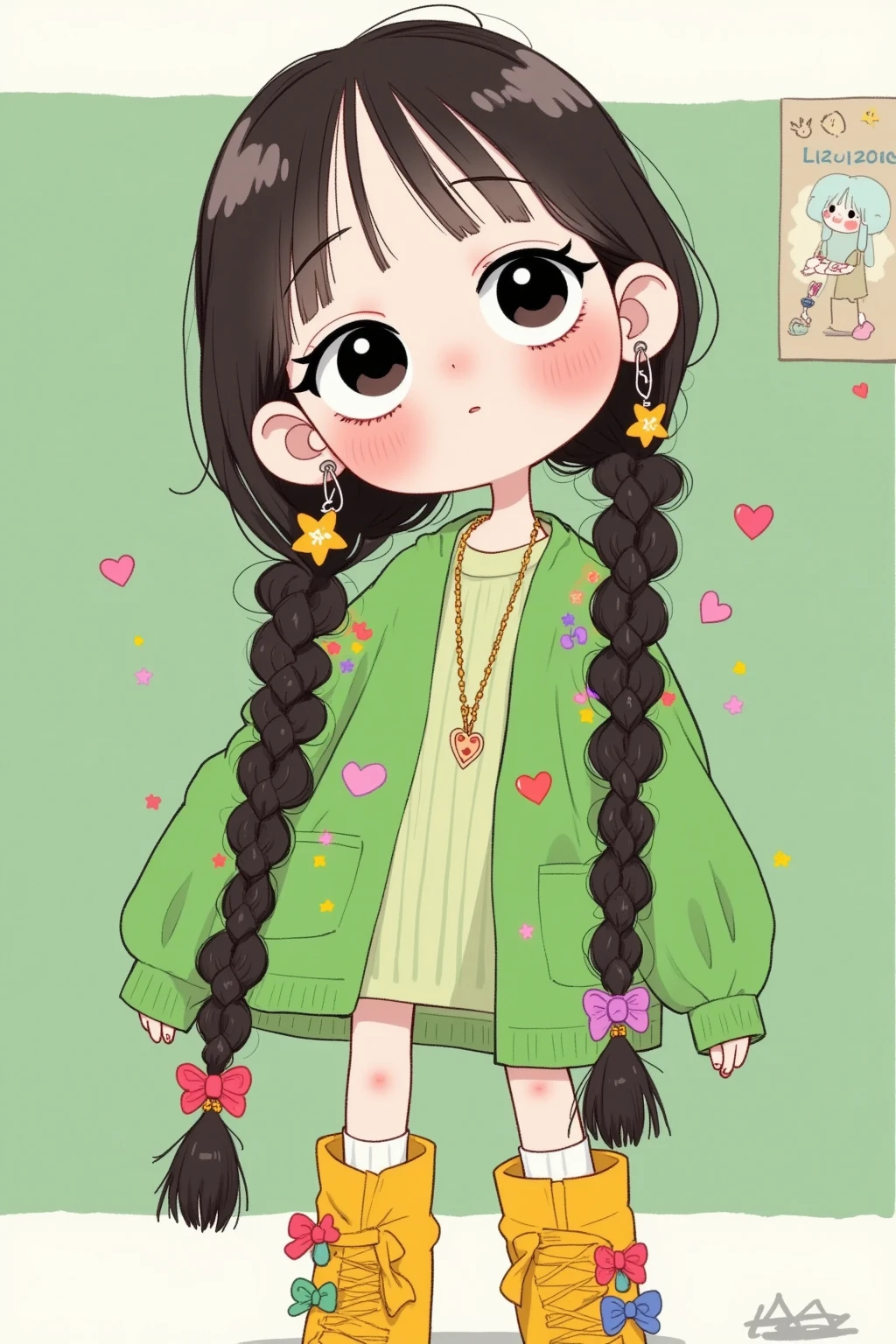 cartoon girl with long braids , Lovely art style, cute kawaii girl, Cute cartoon ,   Lovely Anime Style  , Animation Style,   Cute cartoon style,   soft and cute virtual anchor, Cute realistic portrait,   green theme  