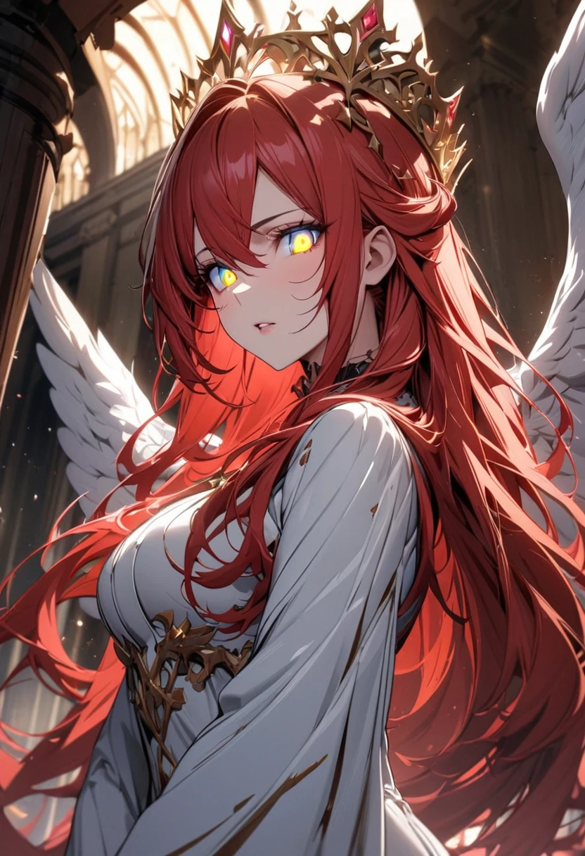 Girl, Red hair vaillian,gold crown, violet eyes, evil face, fairy wings