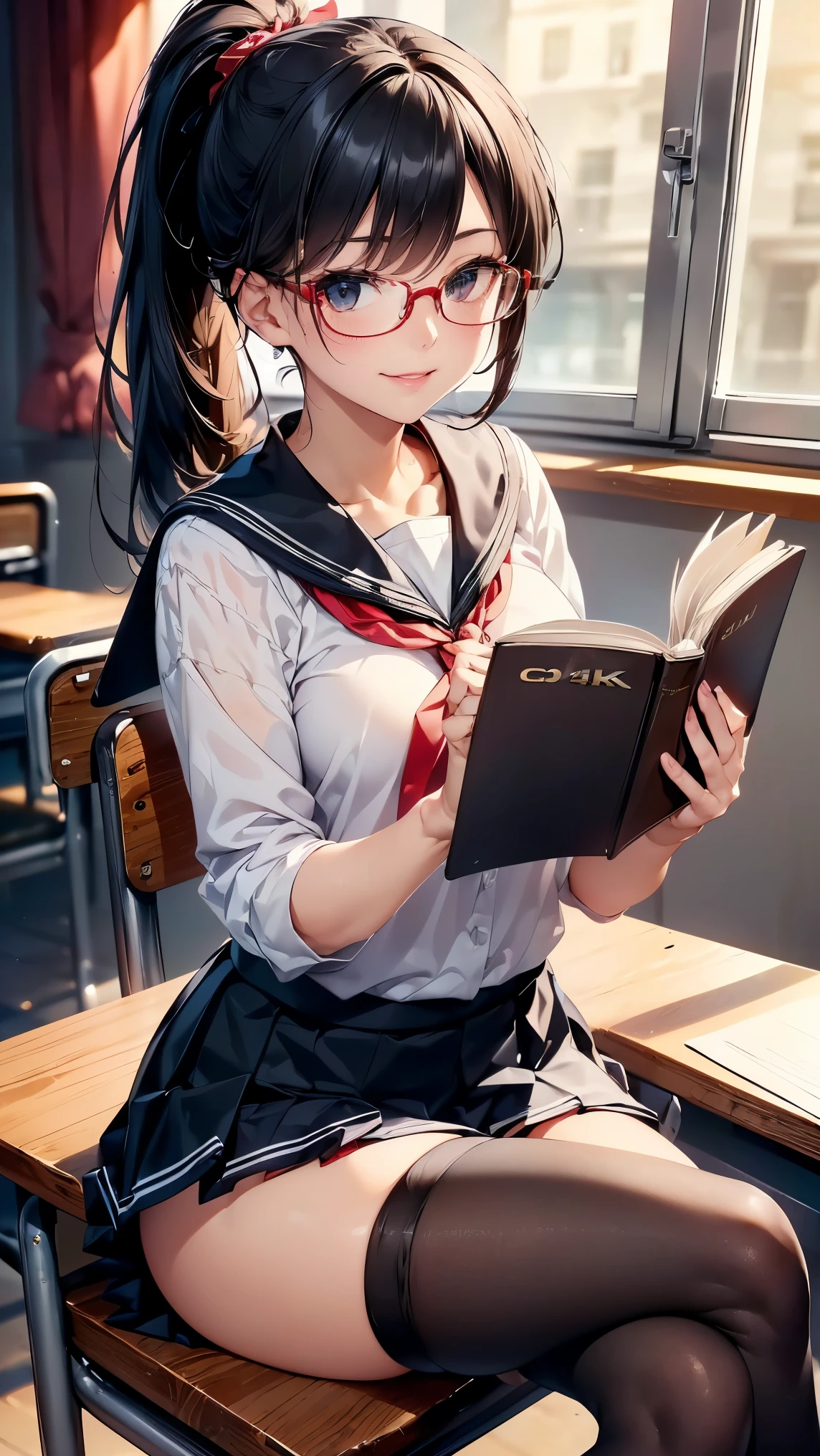 (((masterpiece,Highest Resolution,4K High Resolution,Crisp image quality:)Pussy juice((Beautiful black hair braids,Glasses,)(Beautiful big ,Beautiful nipples,Teaching books,Blushing and embarrassed,Spread your legs wide in an M shape,)(lipstick),Pubic hair,Tight Skirt,Fishnet tights,((Using a speculum on a beautiful pussy))