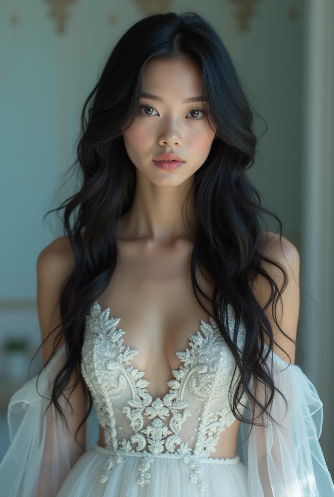gorgeous young woman: long black hair with full bangs on forehead: Red iris eyes: very white skin: age 19 years, portrait photography, americana, bridal gown
