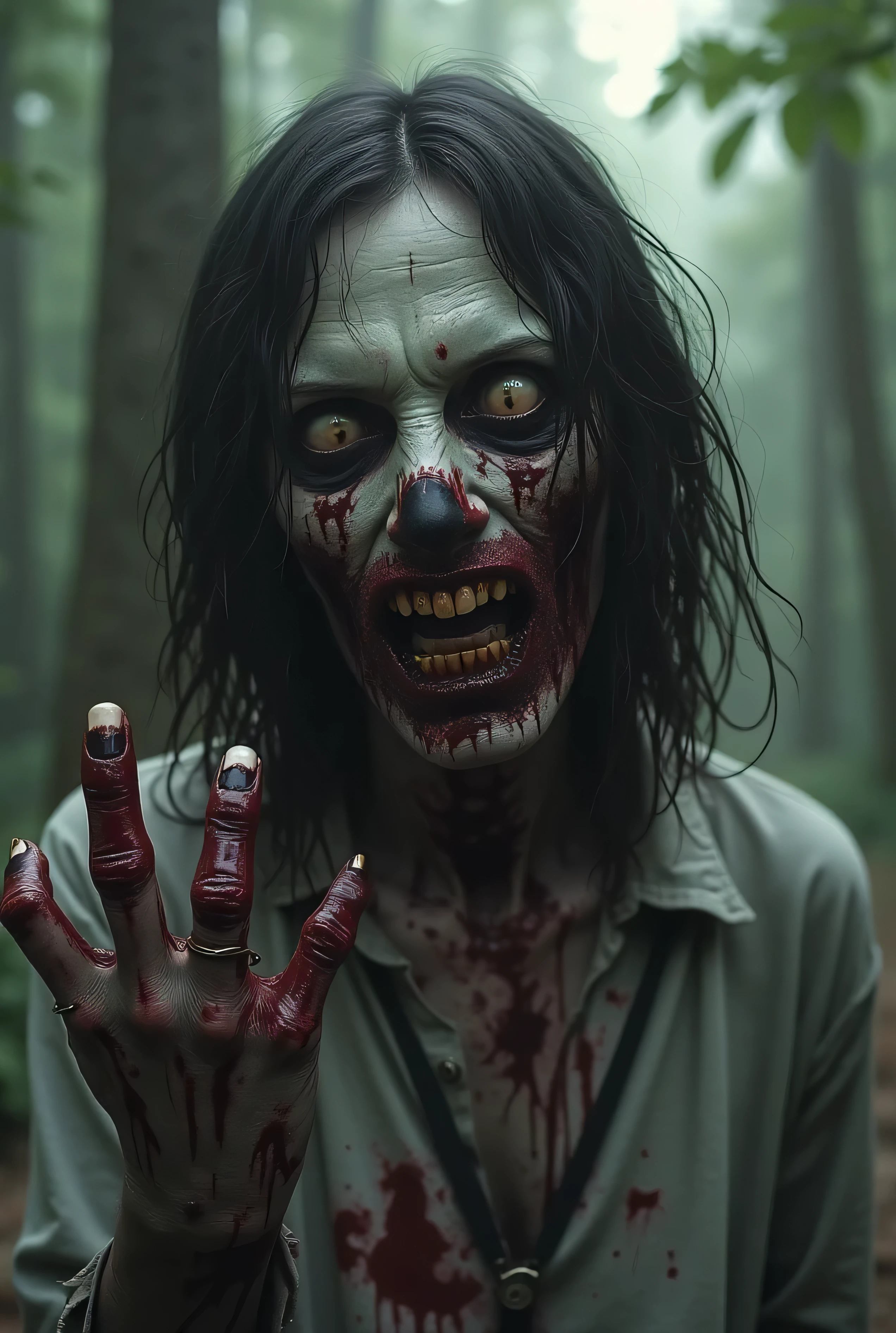 (masterpiece, best quality:1.2), ((RAW photo, Best quality)), (Realistic, photo-realistic:1.2) a zombie, horror, creepy, night, (((White eyes))), angry. ((Pale or greenish skin)), wounds, empty eyes, torn clothes, slow movements, guttural noises, aggressive and cannibalistic behavior. Cinematic lighting.