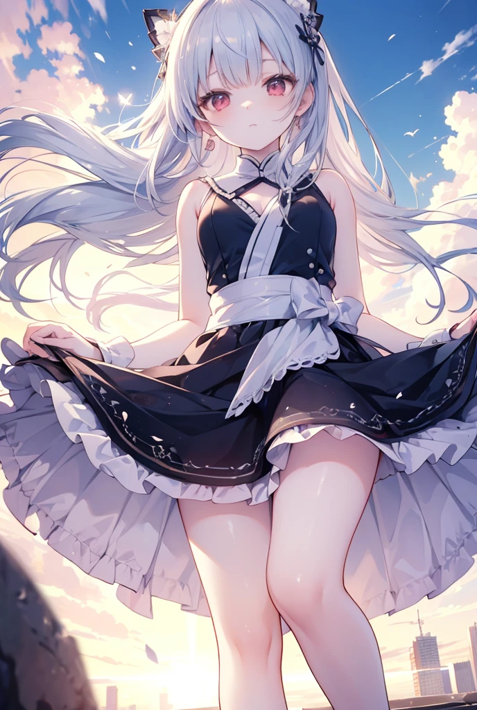 mid-shot, Look at viewers, hands behind back, girl with, 20 years old, Very short hair, long bangs between eyes, hair over shoulder, Grey Hair, Floating hair, ^ ^, pale blue eyes, Short dress, Hoodie, Skirt, Bare shoulder, White clothes, Blue sky, Nature, Sunlight, Extremely detailed,(​masterpiece、top-quality)、独奏、1womanl、White hair、the tips of the hair are blue、Blue eyes、A smile、White skin as clear as snow、Fantastical,Small breasts, Silver hair, Blue eyes, Beautiful eyes, Teen Girl, ???????, charmed, be smitten with audience, Hoodie, Hoodie with open front, fantastic landscape, Shoulder out,White muffler,Cherry blossom background,Soio